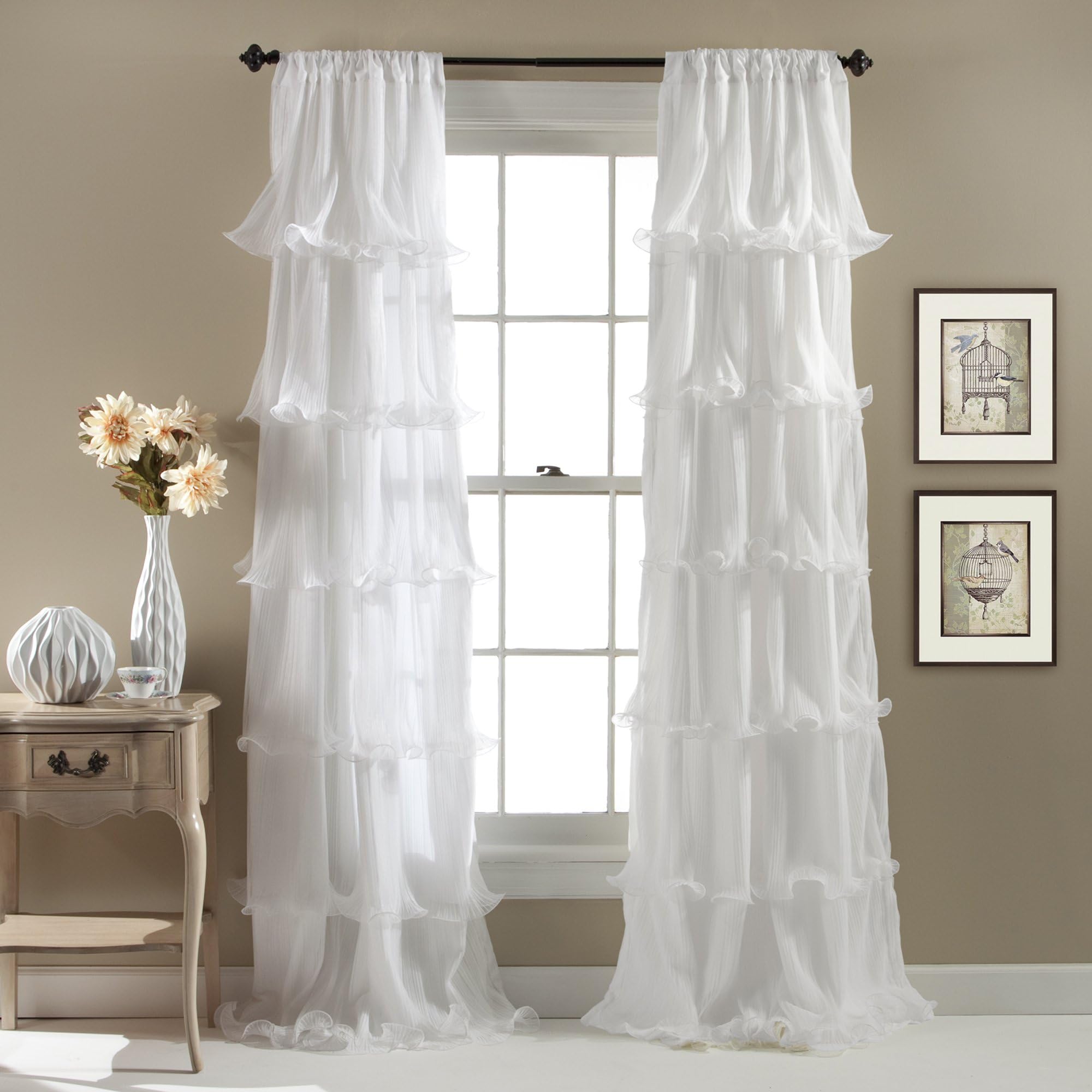 Lush DecorNerina Curtain Sheer Ruffled Textured Window Panel for Living, Dining Room, Bedroom (Single), 84 by 54-Inch, White