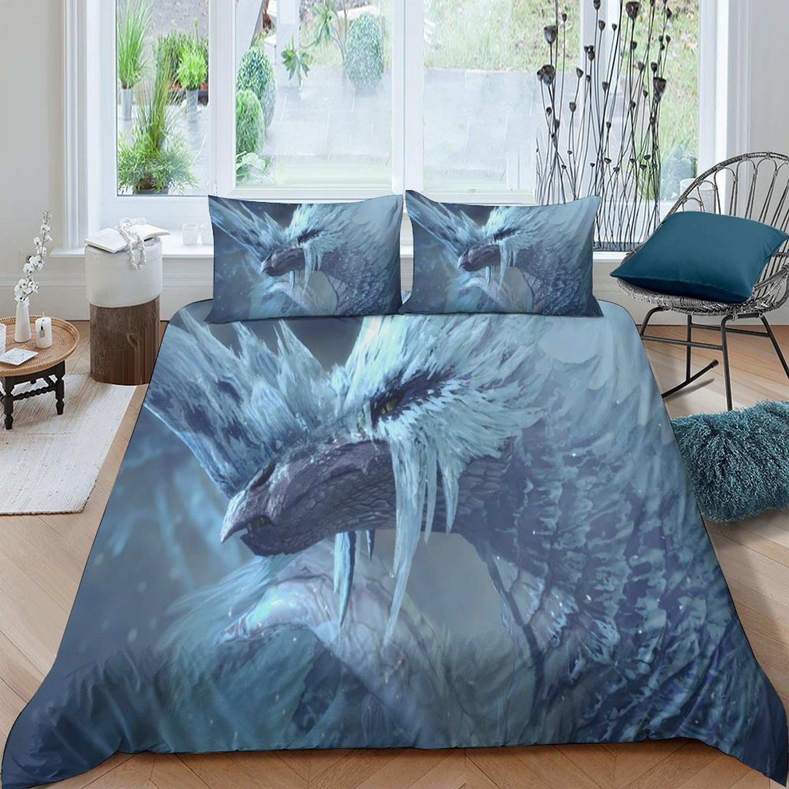 P5V6M1Q9 3D Printed Ice Dragon Duvet Cover Set Microfiber Soft Blue Fantasy Quilt Cover with 2 Pillowcases for Bedroom Decor Single（135x200cm）
