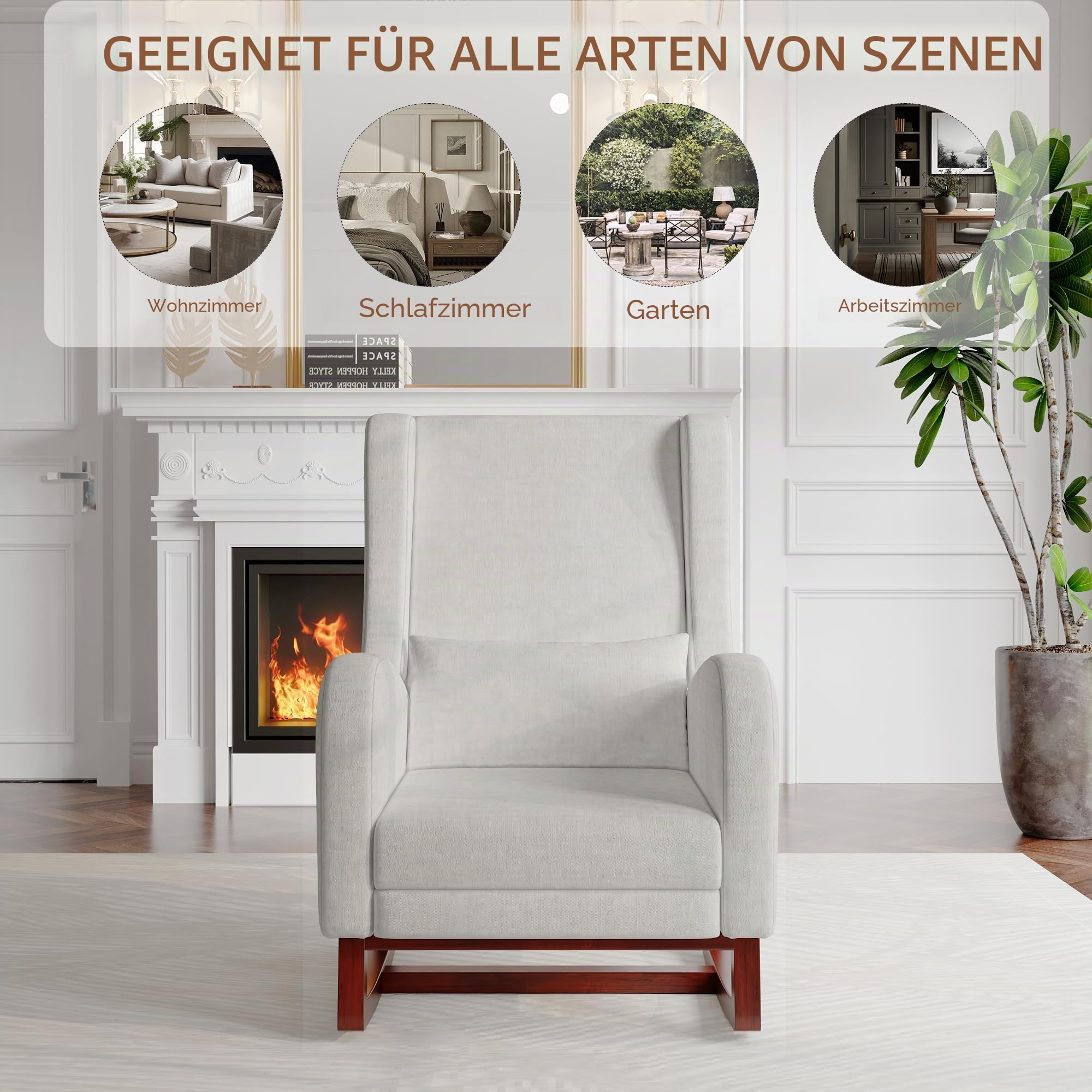 Skandinavischer Schaukelstuhl zum Stillen, Freizeit- und Ruhesessel aus Stoff mit Holz- und Metallbeinen für Wohnzimmer, Schlafzimmer (Grau mit Fußhocker)