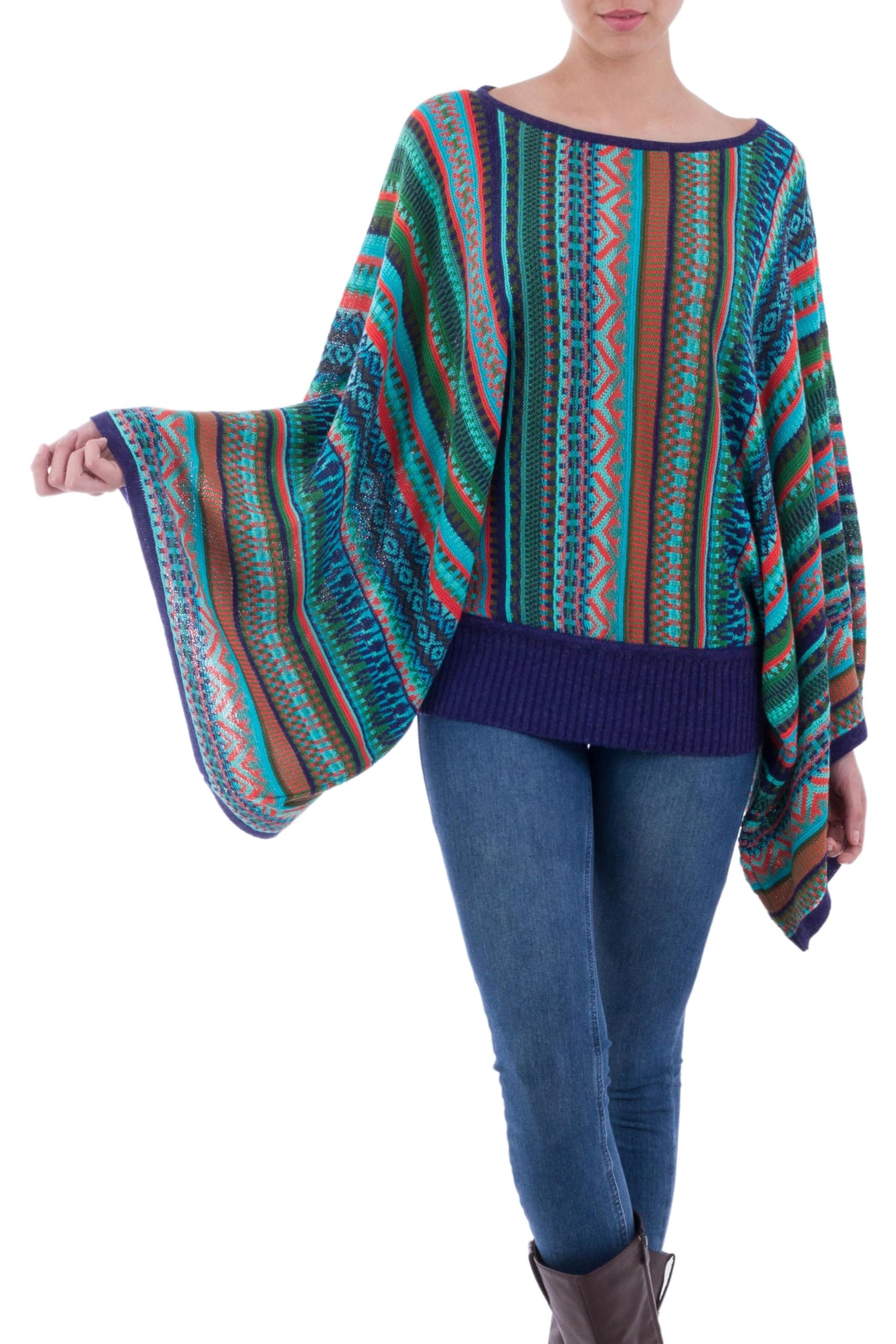 NOVICA Artisan Handmade Striped Kimono Sleeve Sweater Bohemian Knit from Peru in Turquoise Stripes Acrylic Lima Dance