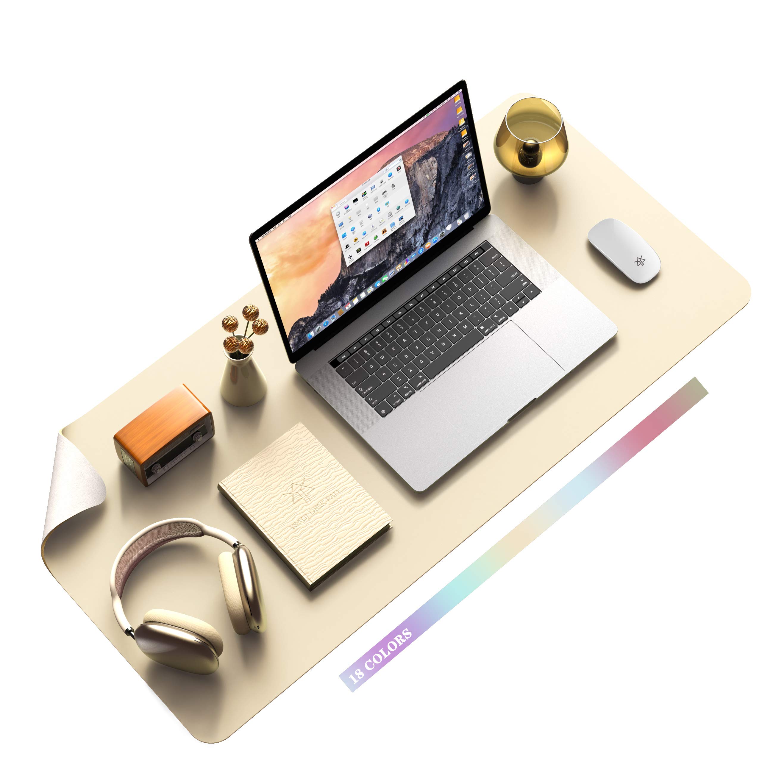 Non-Slip Desk Pad, Waterproof PVC Leather Desk Table Protector, Ultra Thin Large Mouse Pad, Easy Clean Laptop Desk Writing Mat for Office Work/Home/Decor (Beige, 35.4" x 17")