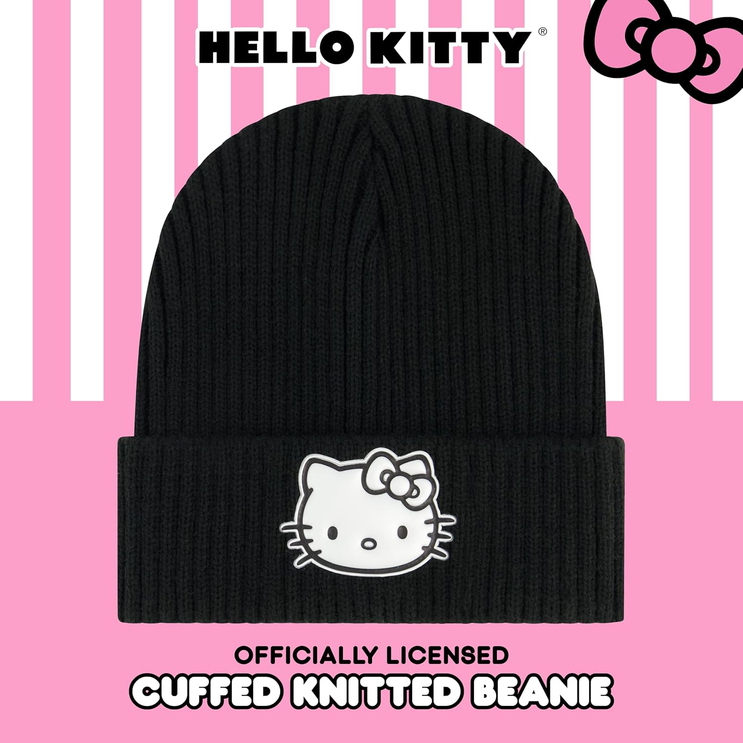 Hello Kitty Beanie Hat, Women's Acrylic Cuffed Knitted Winter Cap, Black, One Size - Image 2