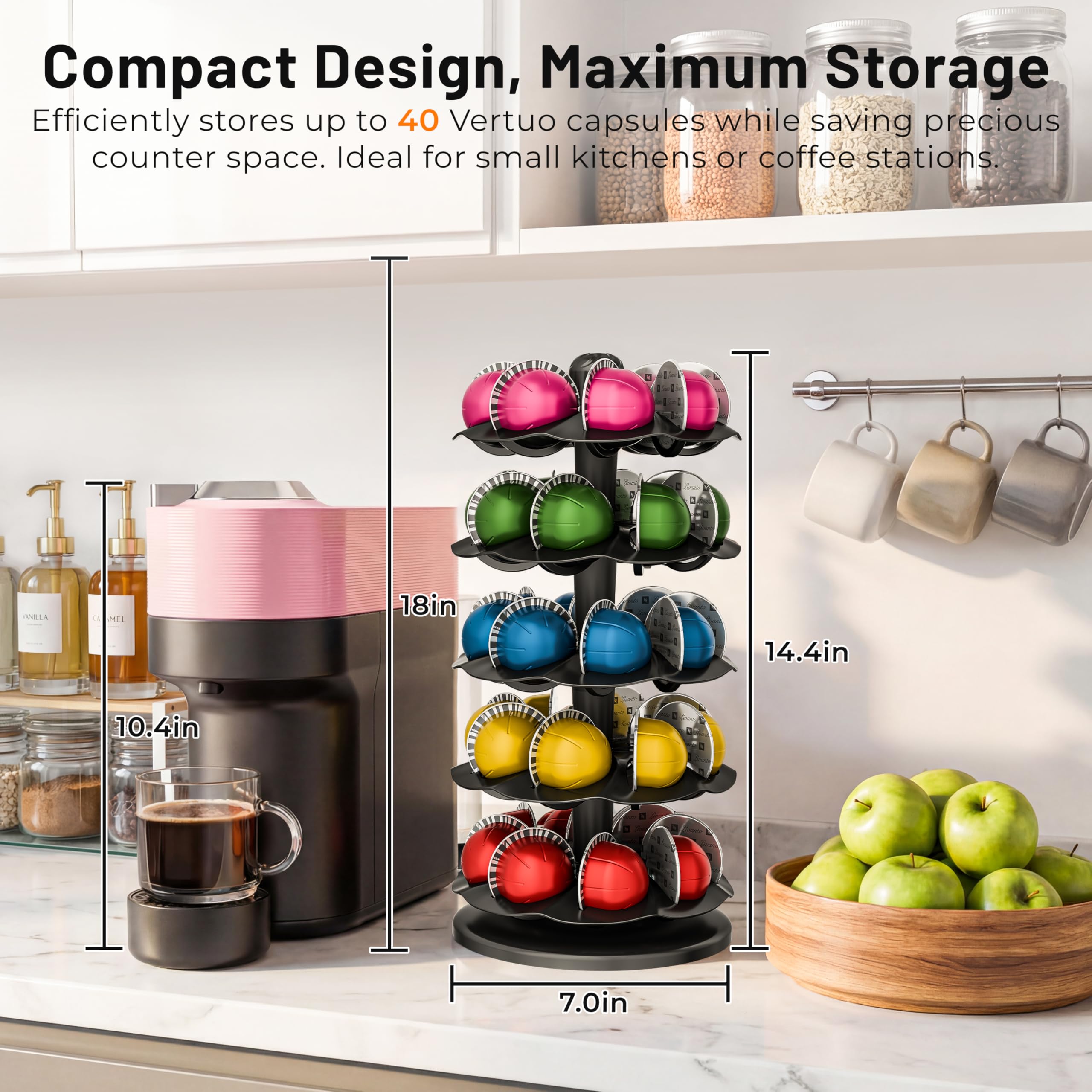 Everie Cápsulas de café rotativas compatibles con 40 cápsulas Nespresso Vertuoline (negro)