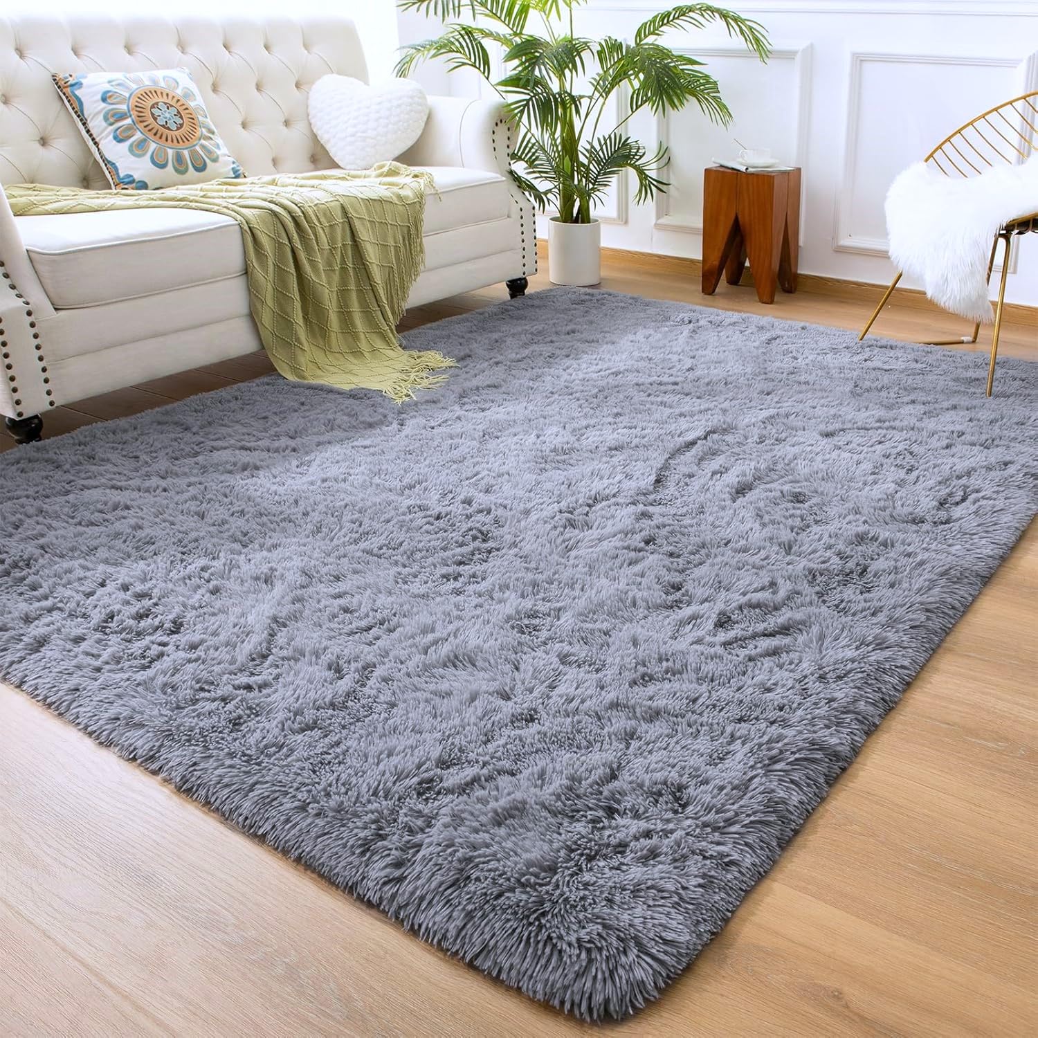 Oxford Homeware Shaggy Rugs Living Room 140 x 200 cm Grey Rug for Bedroom Non Slip Fluffy Carpet Non-Shedding Thick Soft High Pile Rug Kids Room