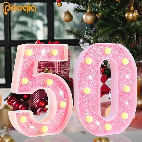 Miniatura 101 de Pooqla - Luz de números con iluminación LED rosa, funciona con pilas, con brillantina, para decoración de fiestas de cumpleaños y hogar Blanco cálido