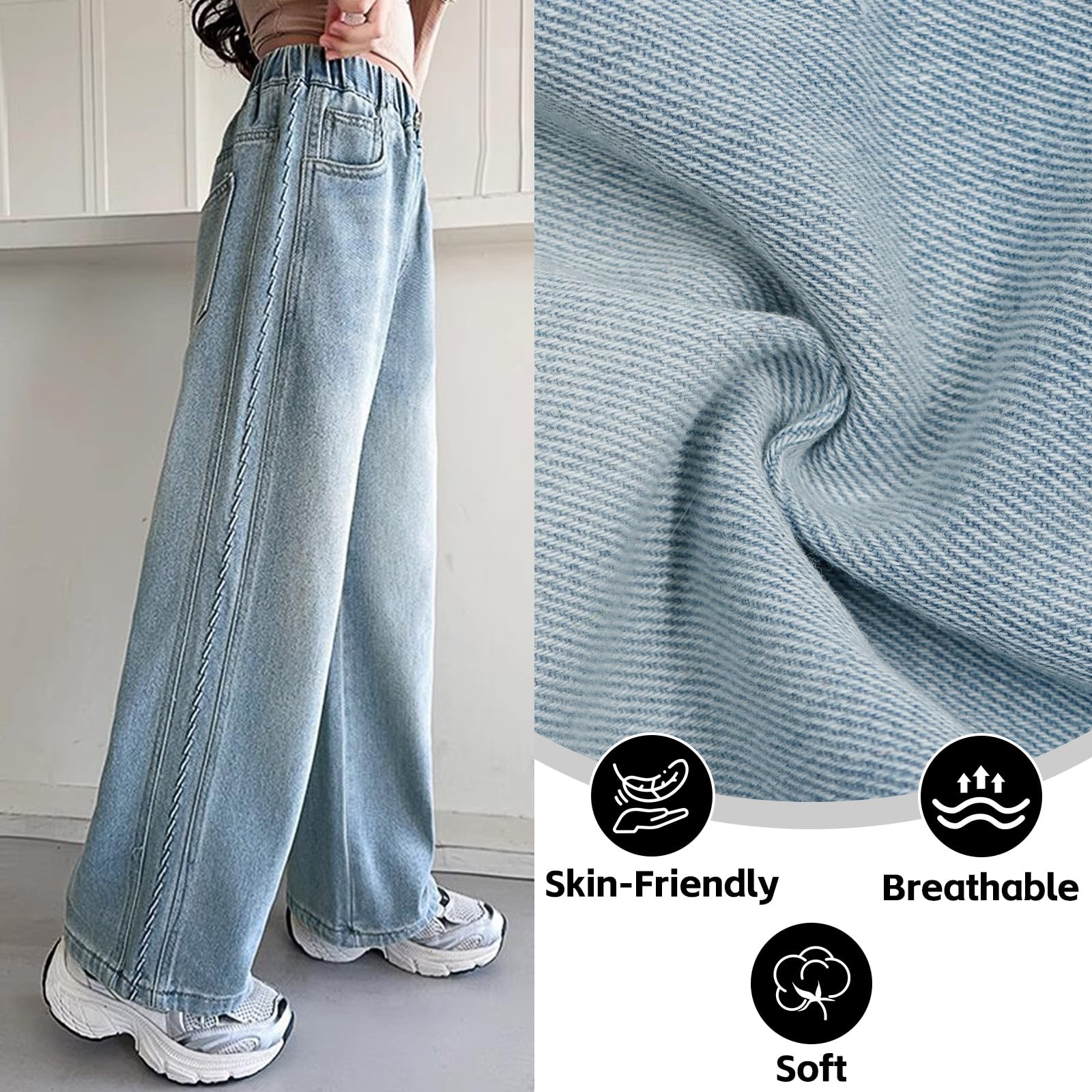 Jeans Filles Baggy Pantalon Jambes Larges avec Taille Élastique Loose Fit Long Denim Jean avec Poches Stretch Décontracté Bleu Denim Pants Casual Mode Streetwear Pant pour Enfants 7-15 Ans