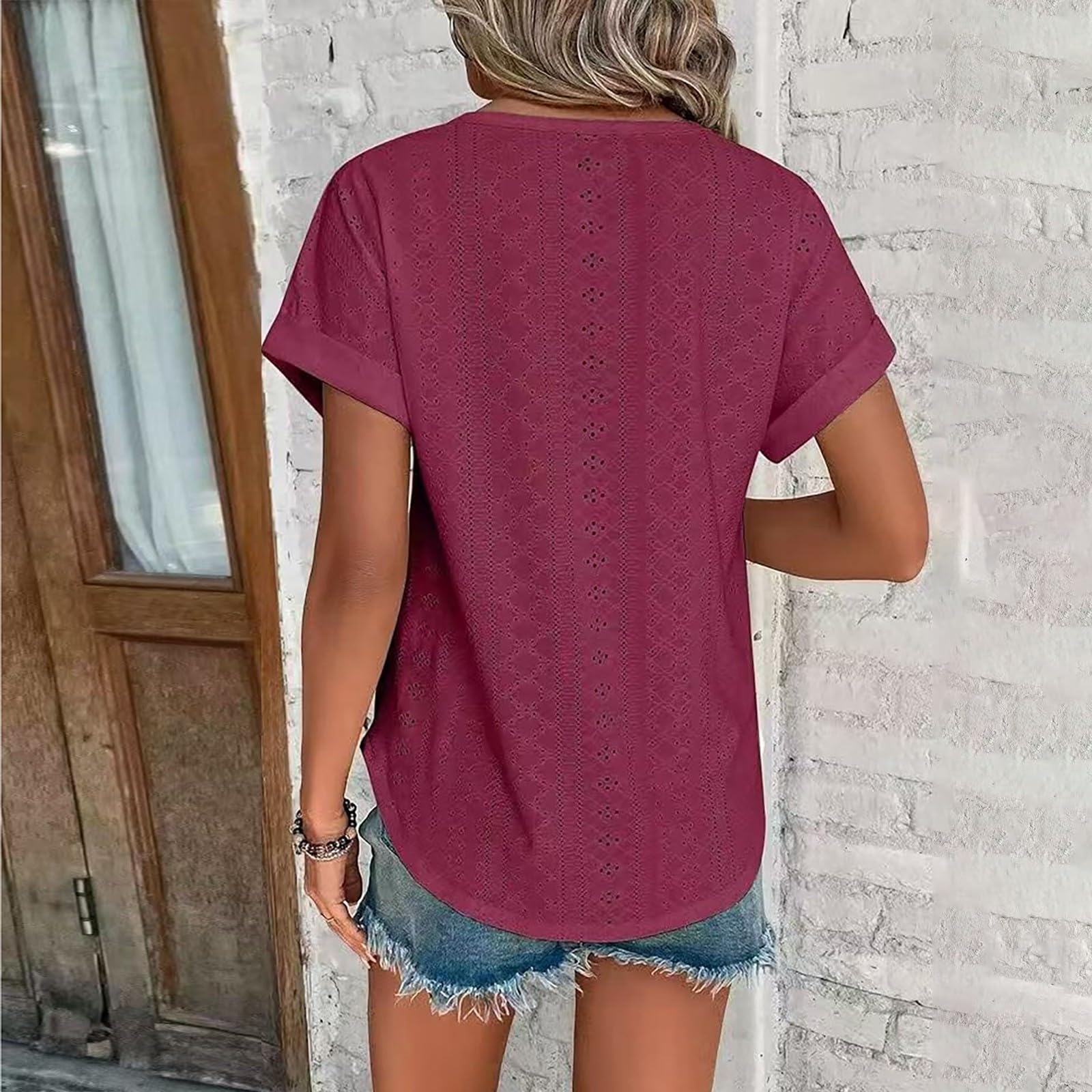 Tshirt Damen Sommer Elegant 2025 Modern Lochstickerei Top Rundhalsausschnitt Kurzarm Oberteile Lässige Tunika Blusen