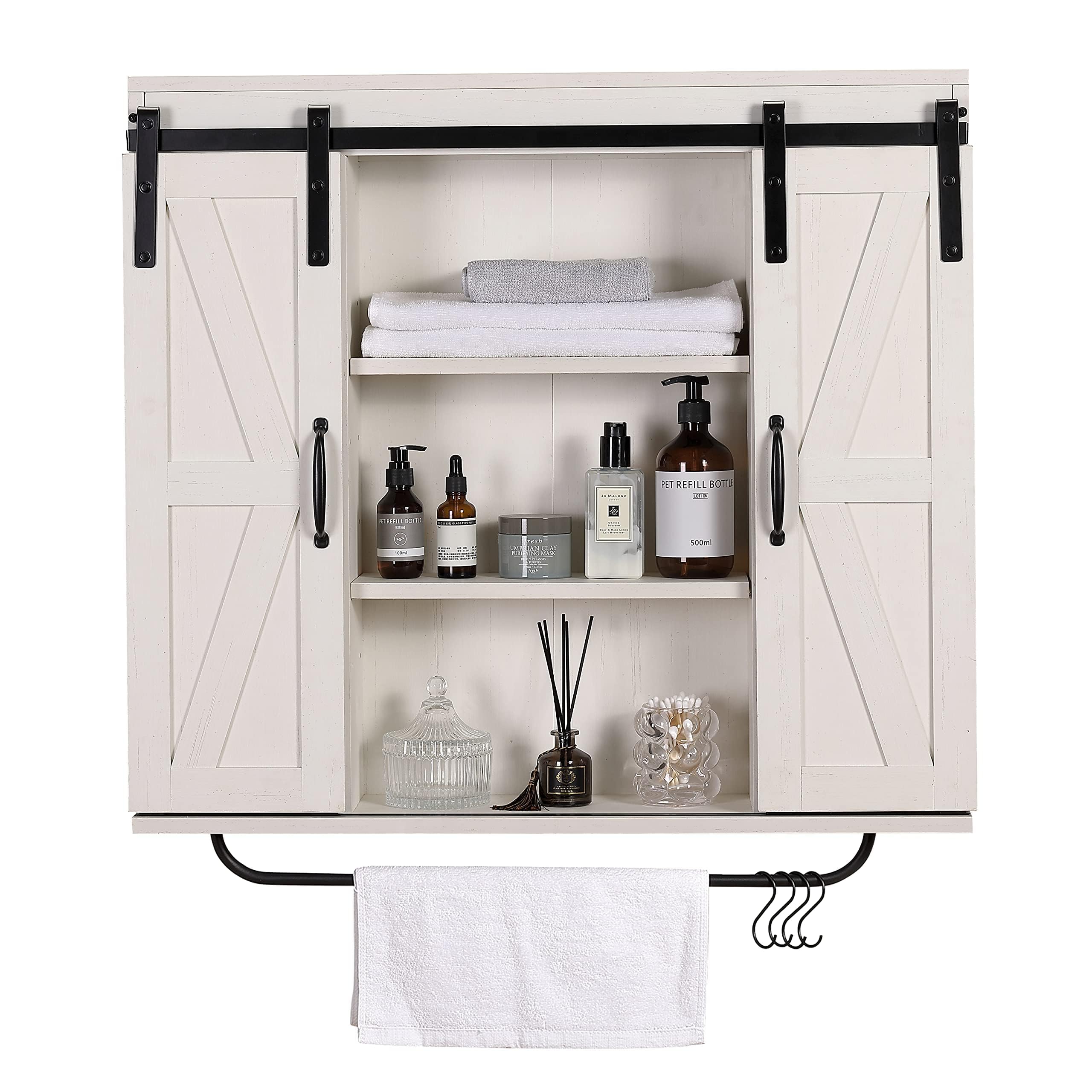 RUSTOWN Farmhouse Bathroom Wall Cabinet with Sliding Barn Door &amp; Towel Rack
