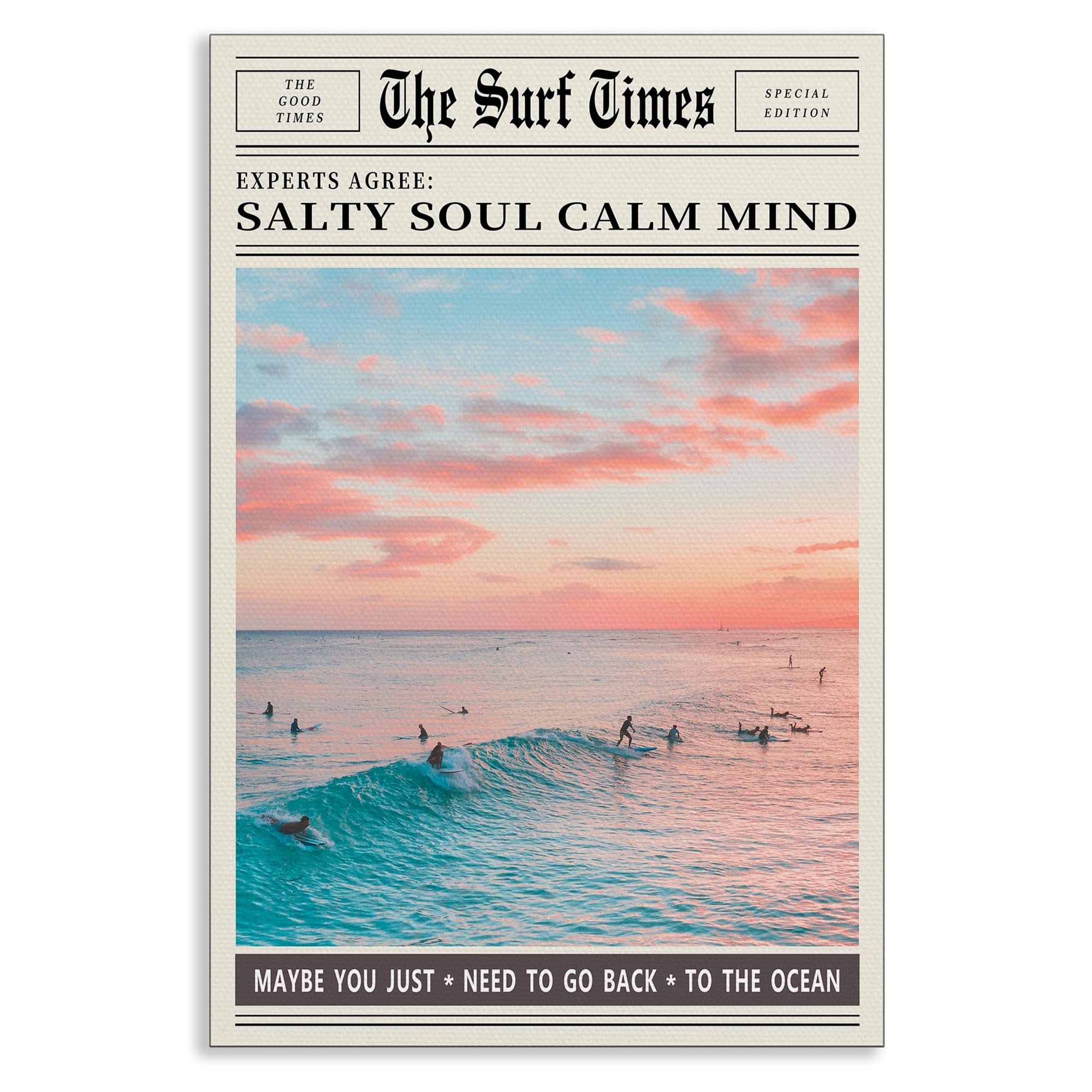 Xmjjqq Surftimes 06 The Surf Times Sunset Surfers Canvas Wall Art, Pink Green Ocean Newspaper Surfing Poster, Summer Beach Picture Wall Decor, Coastal Beachy Salty Soul Calm Mind Quote Print 12X16in Unframed