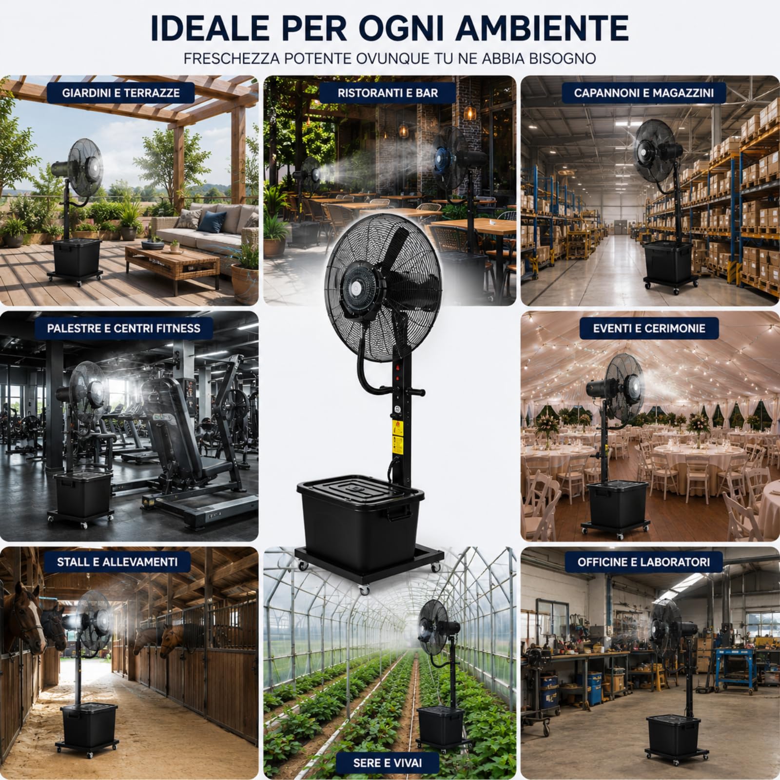 Ventilatore Nebulizzatore Magnum Nero Ø 66 cm a Piantana | Elettrico, Oscillante, Raffrescatore Lunga Distanza, 3 Velocità con Serbatoio e Ruote, Uso Civile e Industriale