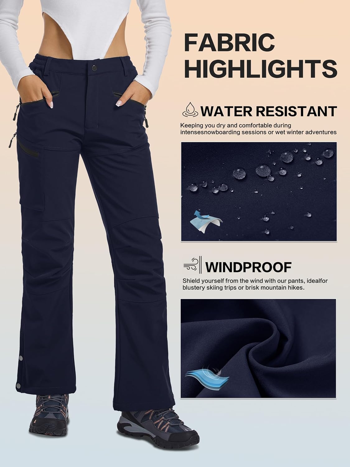 Women's Snow Ski Hiking Pants Waterproof Fleece Lined Softshell Insulated Winter Snowboarding Outdoor Flare Pants - Image 4