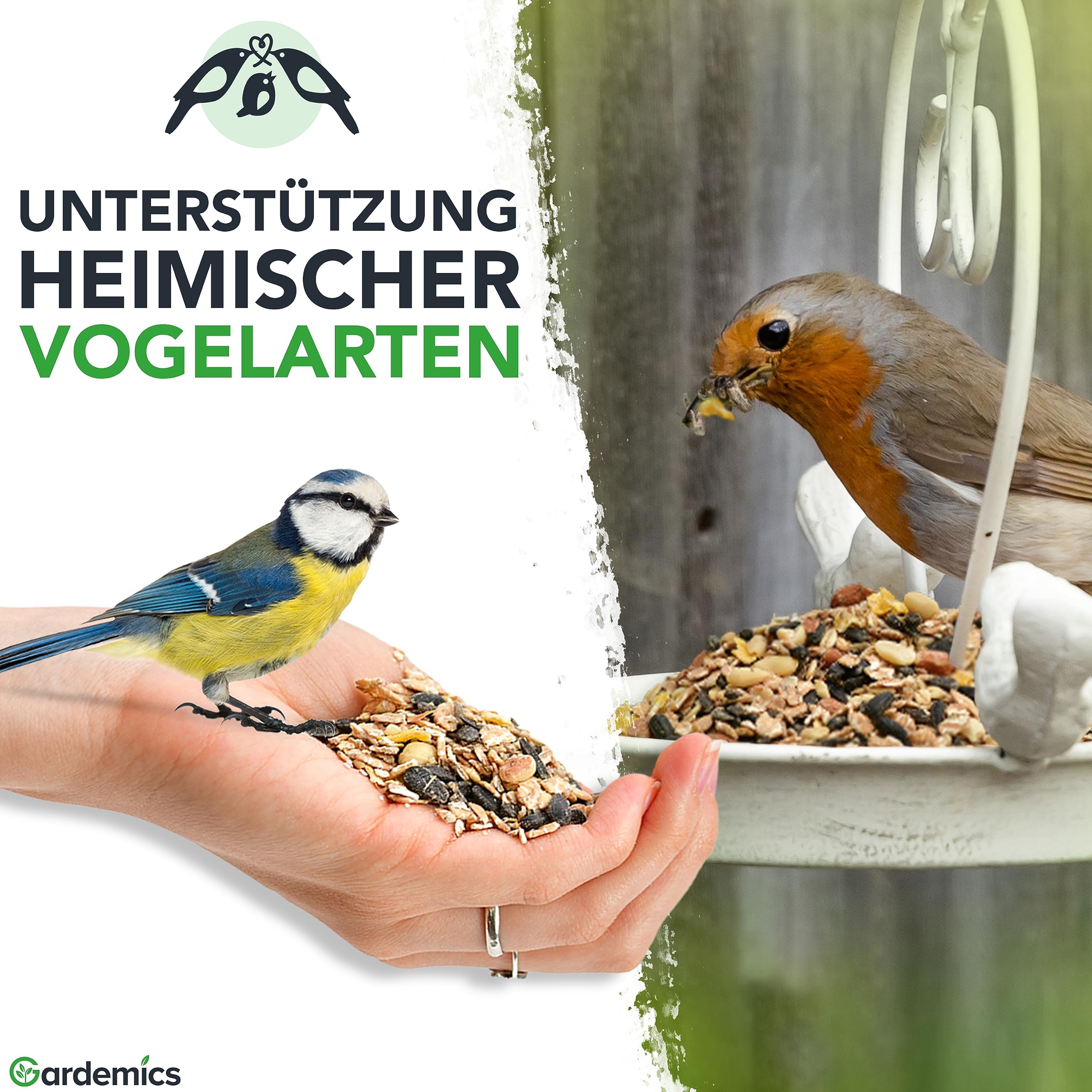 Gardemics Vogelfutter Wildvögel Ganzjährig 10 Kg - Vogelfutter mit Erdnüssen & Sonnenblumenkerne - Wildvogelfutter Ganzjahresfutter für Artenvielfalt im Garten