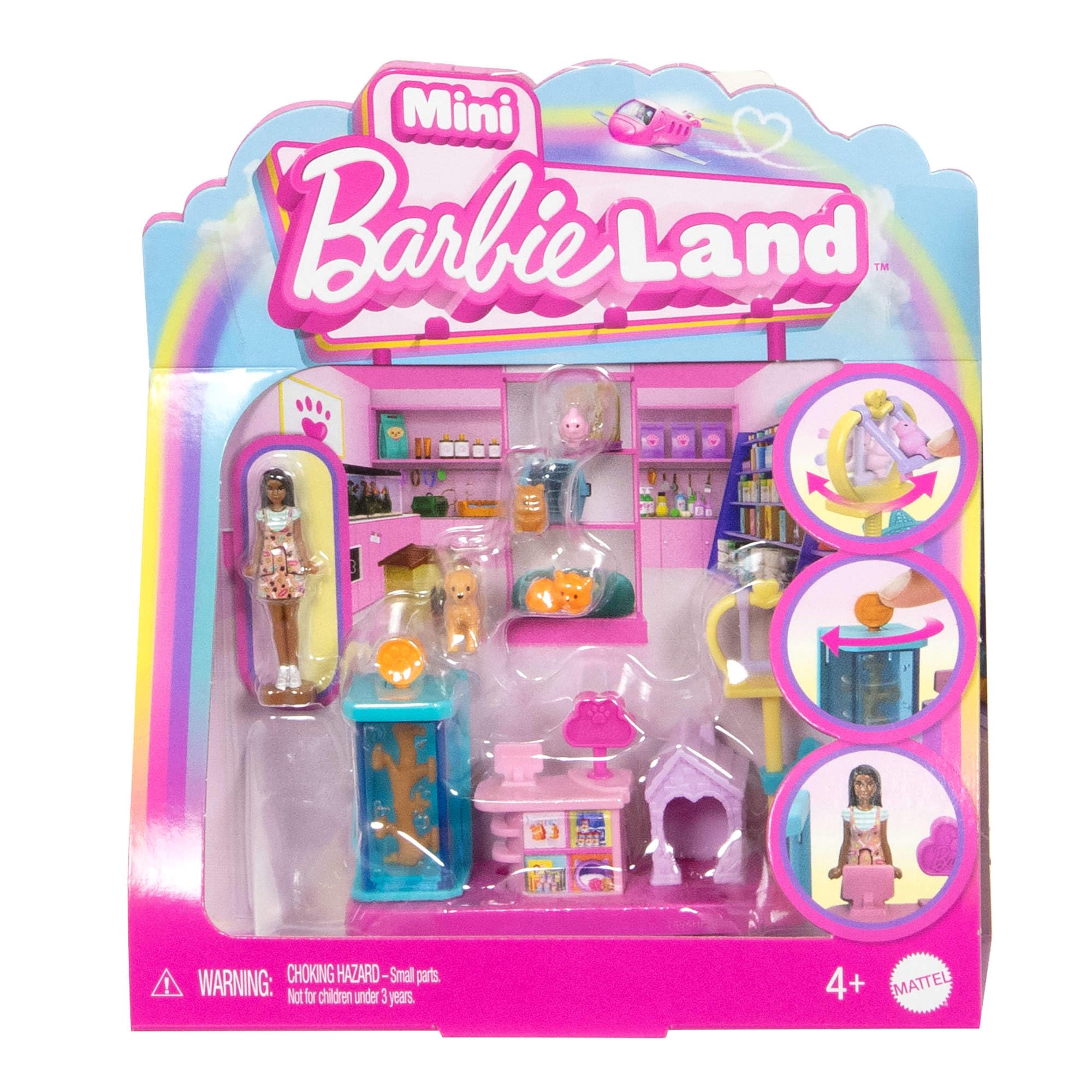 Barbie Mini BarbieLand Collectible Pet Boutique Playset with 1.5-Inch Doll, Pet Product Display, Check Out Stand, Pet House & Cat Baskets for Storytelling Play, JCR30
