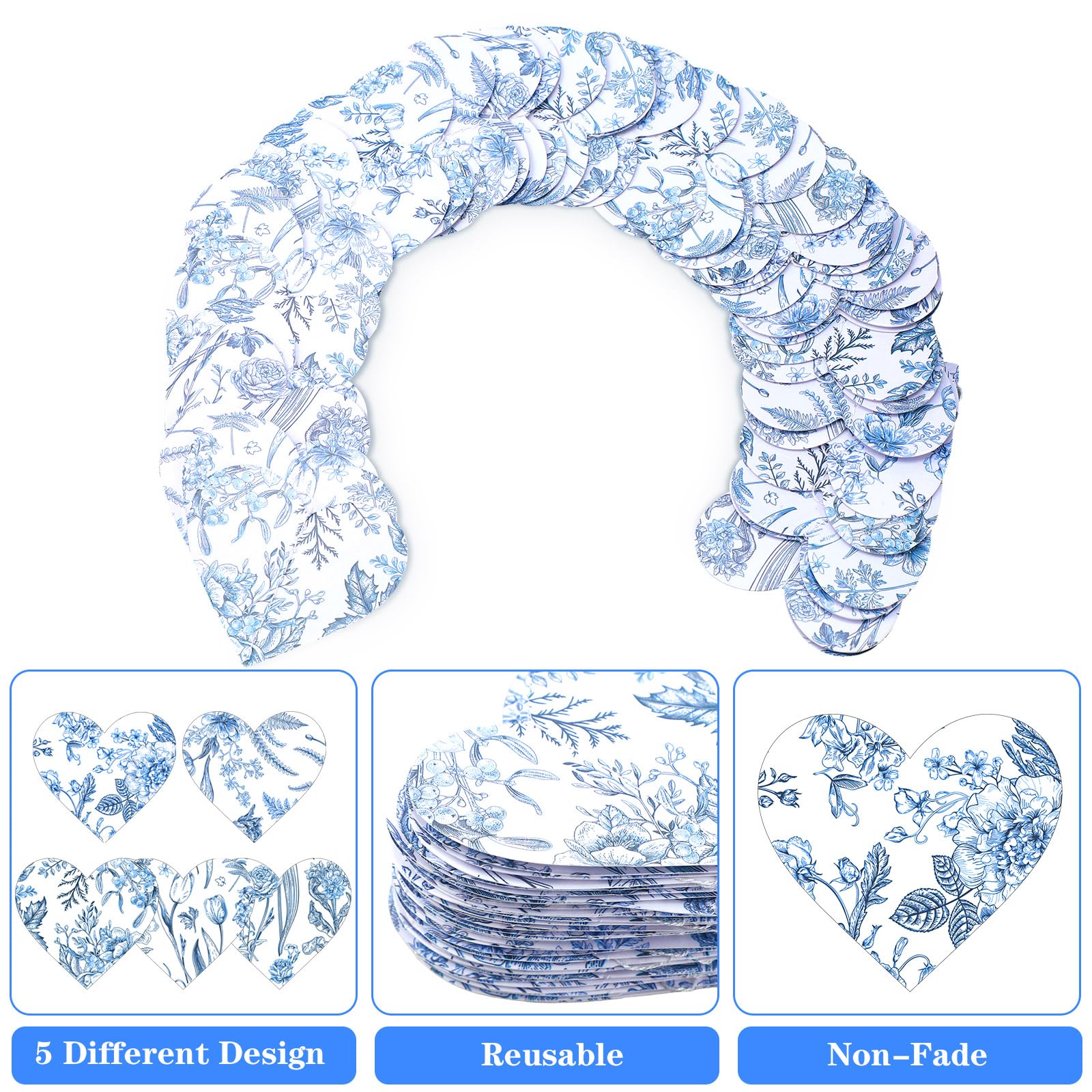 Fullhawl 5 Stück blau-weiße Vintage-Blumen-Papier-Herzgirlande, blaue Brautparty-Dekorationen, blaue Blume, hängende Herzen, Banner für Outdoor, Hochzeit, Verlobung, Geburtstag, blau und weiß,