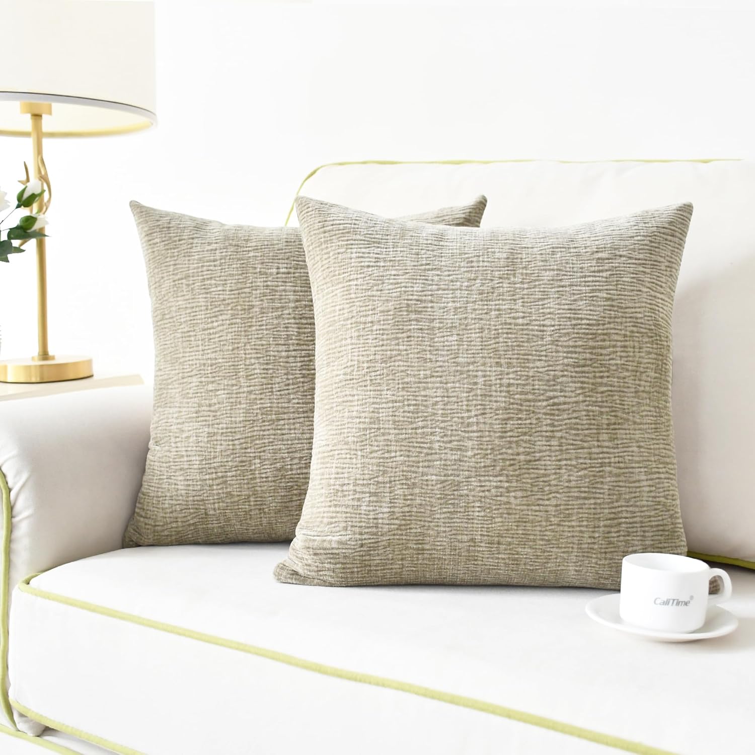 CaliTime Throw Pillow Covers Pack of 2 Soft Water Waves Texture Solid Dyed Chenille Cushion Cases for Couch Sofa Home Decoration 18 X 18 Inches Taupe Taupe 18" x 18" (Pack of 2)