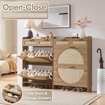 Rattan Shoe Storage Cabinet with 2 Flip Drawers & 2 Drawers, Freestanding Organizer for Front Door Entrance, Hidden Narrow Shoe Rack Cabinet Storage for Entryway, Rustic Oak Rattan