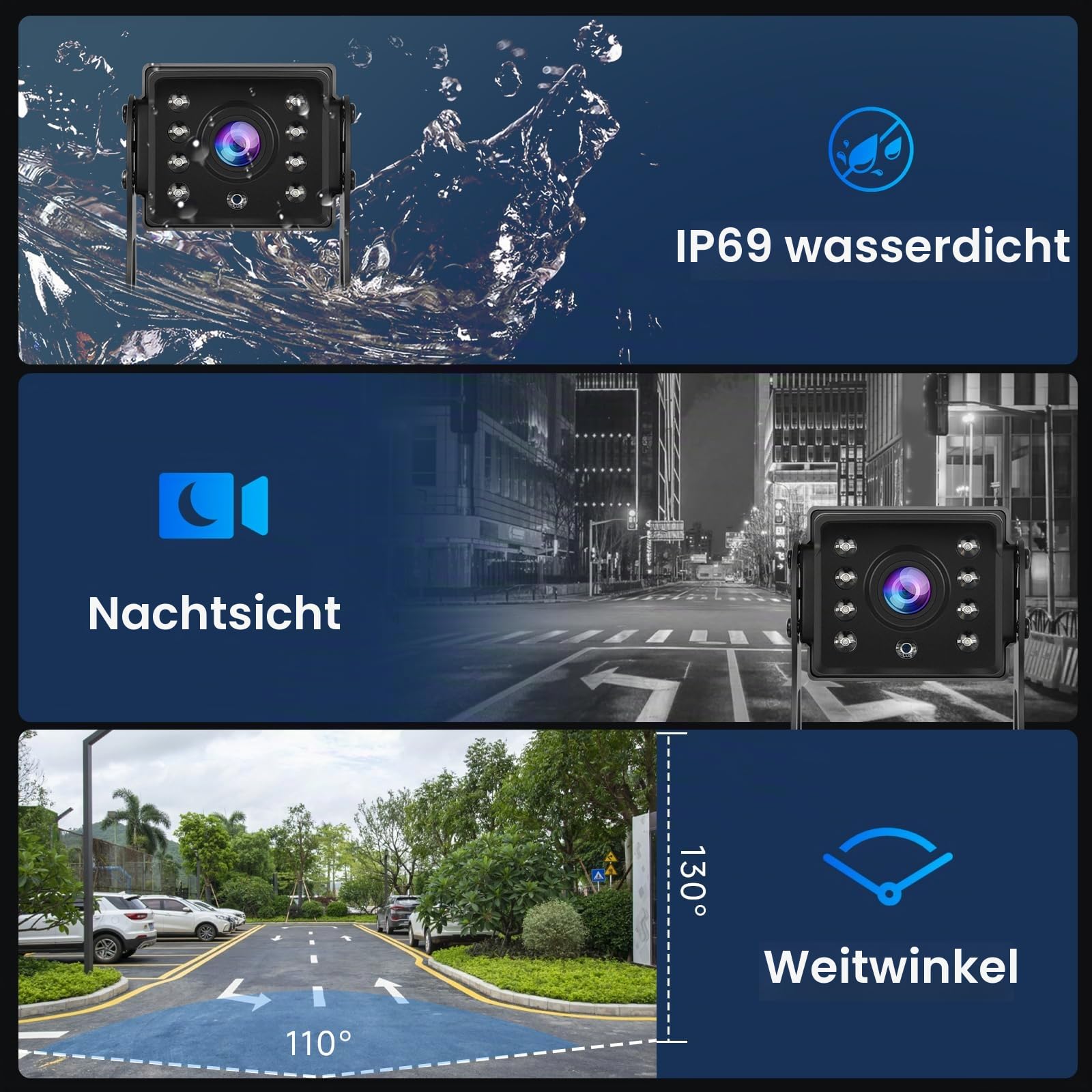 VECHTEL Rückfahrkamera mit 5 Zoll IPS HD Monitor und 1 Kameras, IP68 Wasserdicht IR Nachtsicht, Rückfahrkamera für Auto LKW Anhänger Wohnwagen Wohnmobil, 10M Kabel