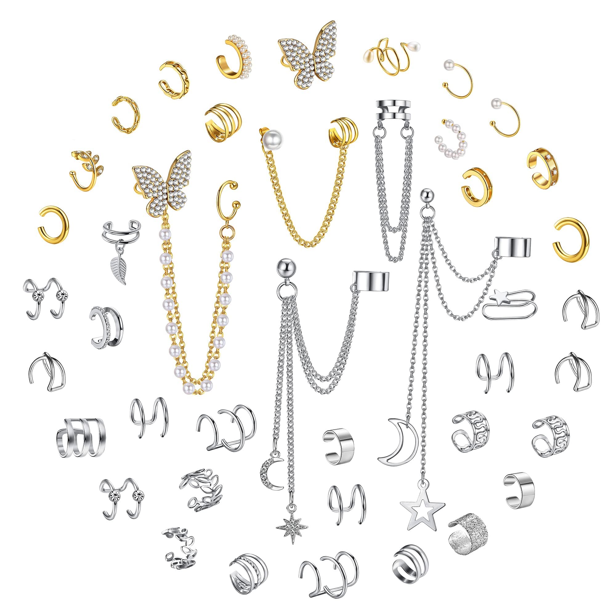 Diamday 42 Piezas Pendientes de Manguito Oreja para Mujer Clip Orejas Set falsos Sin Agujero Ear Cuff Ajustables Pendiente Manguito Cartílago Hélice Para Mujeres