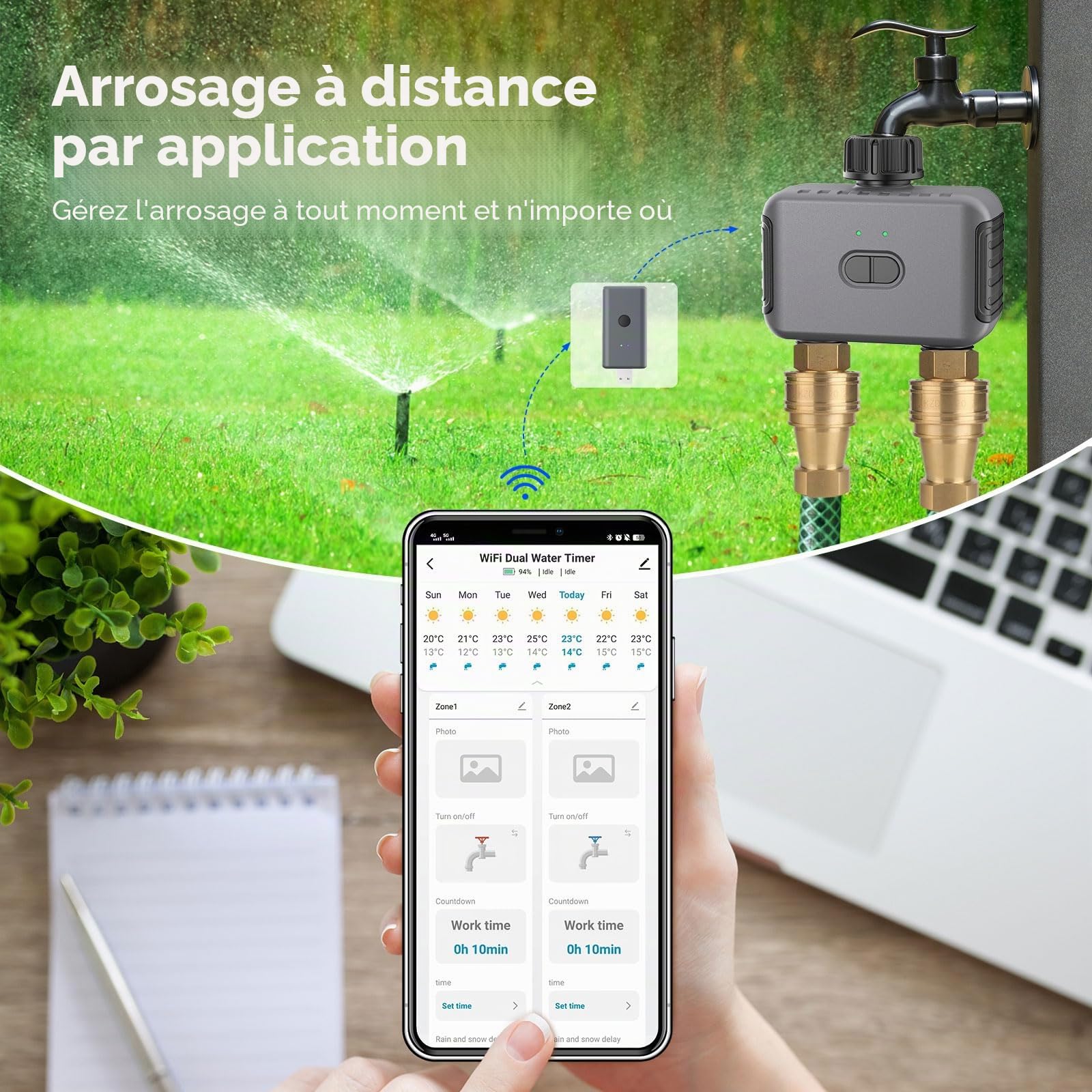 Haozee Minuteur d'eau intelligent WiFi - 2 zones - Minuterie d'arrosage WiFi - Minuteur intelligent pour l'eau - Système d'arrosage automatique de jardin