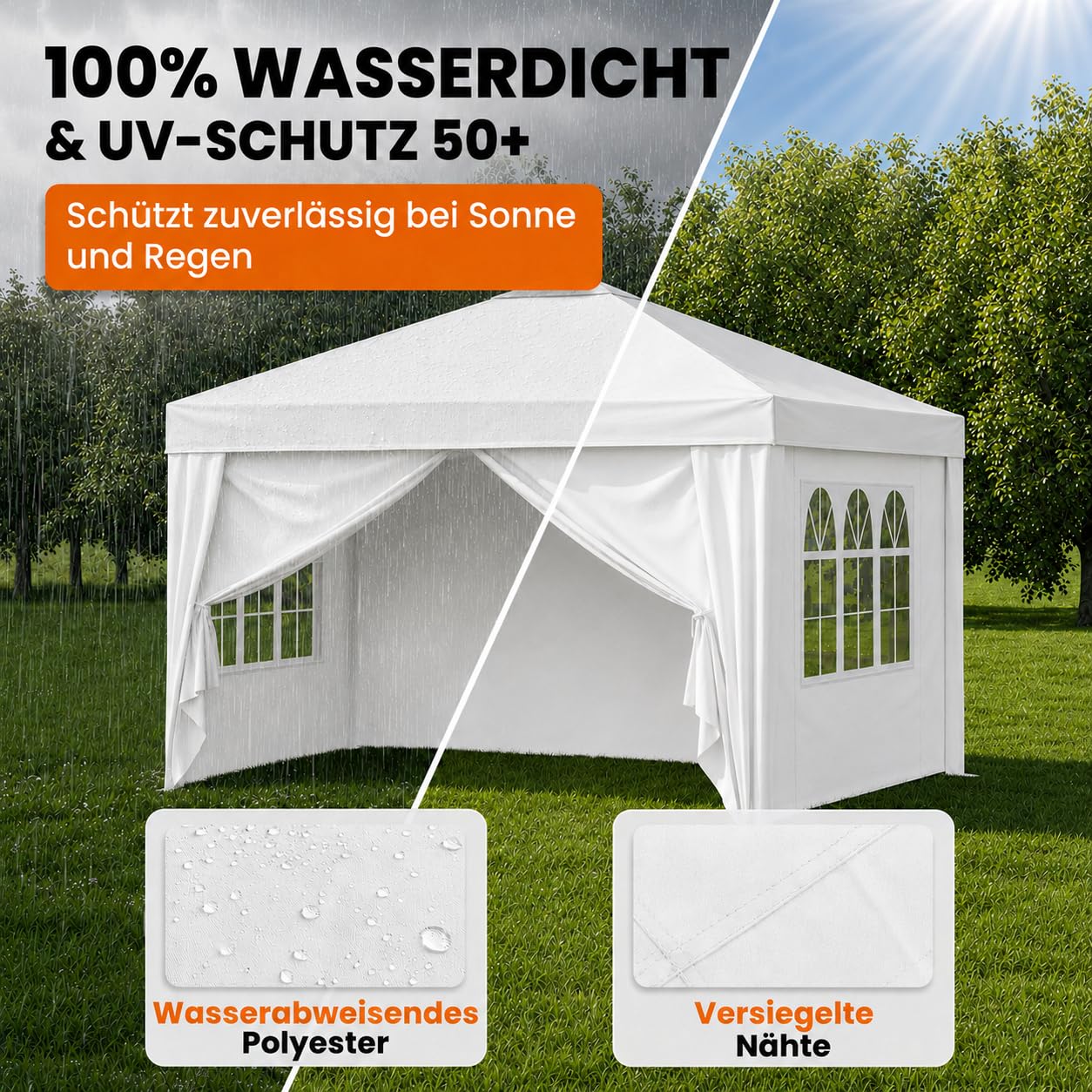 NATURIZ® Pavillon 3x3 Wasserdicht Stabil und UV 50+ Schutz - Faltpavillon mit Seitenwänden - Pop Up Zelt für Garten, Camping, Marktstand & Partyzelt, Gartenpavillon, Gartenzelt, Festzelt (Beige)