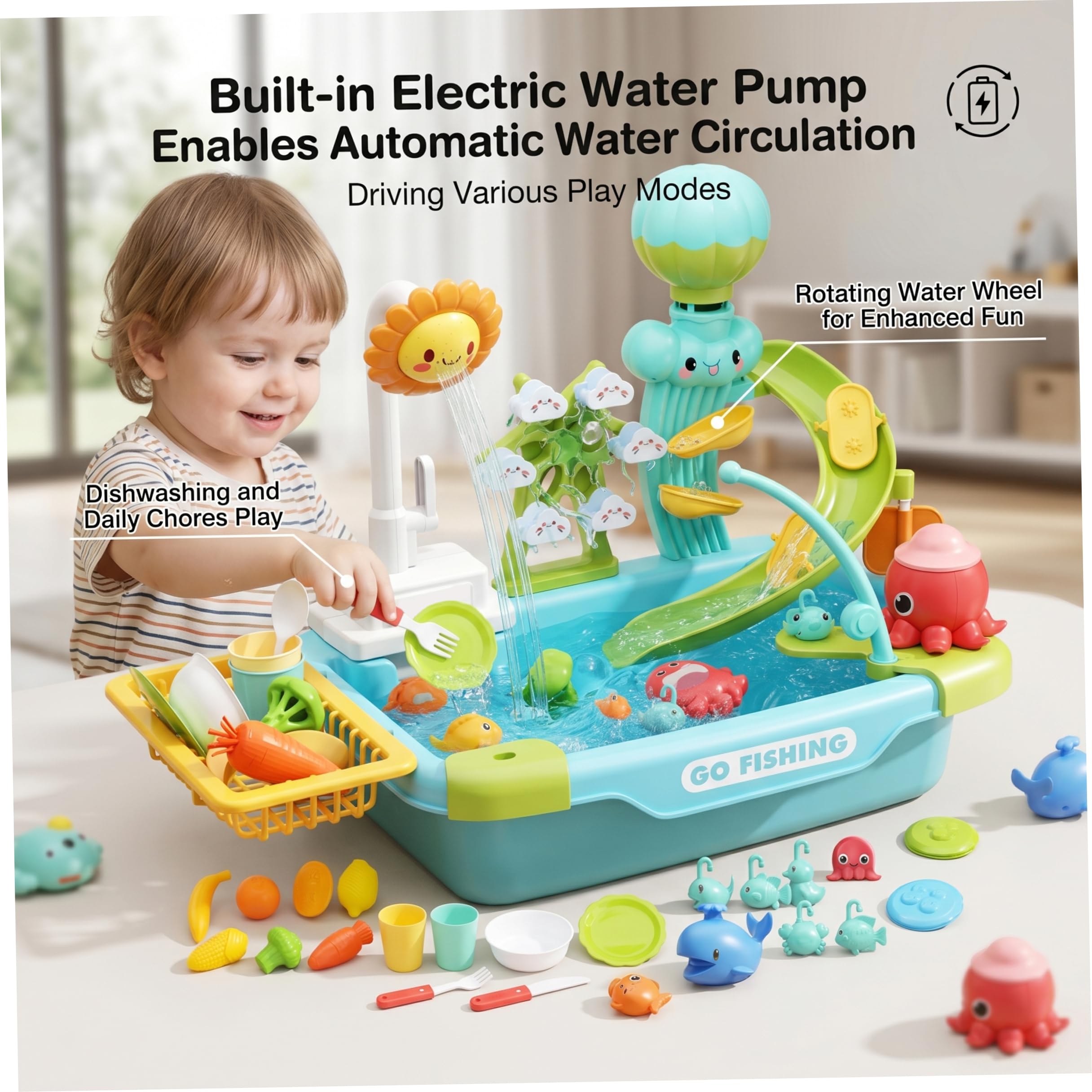 Fregadero para niños pequeños con agua corriente, juego de juguetes para niños, mesa de juegos de agua multifuncional con circulación automática, gran capacidad para diversión en interiores y ex.