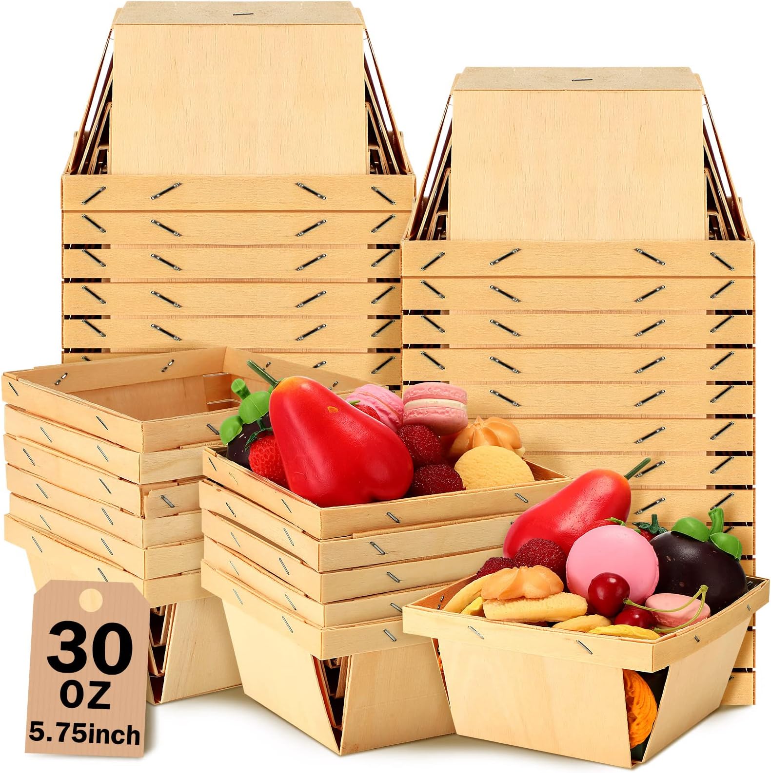 Geosar 30 Pcs One Quart Wooden Berry Baskets Bulk 5.75 Inch Square Vented Wood Boxes Empty Wooden Baskets Gifts, Picking Fruit, Arts, Crafts and Decor(Original Wood Color)