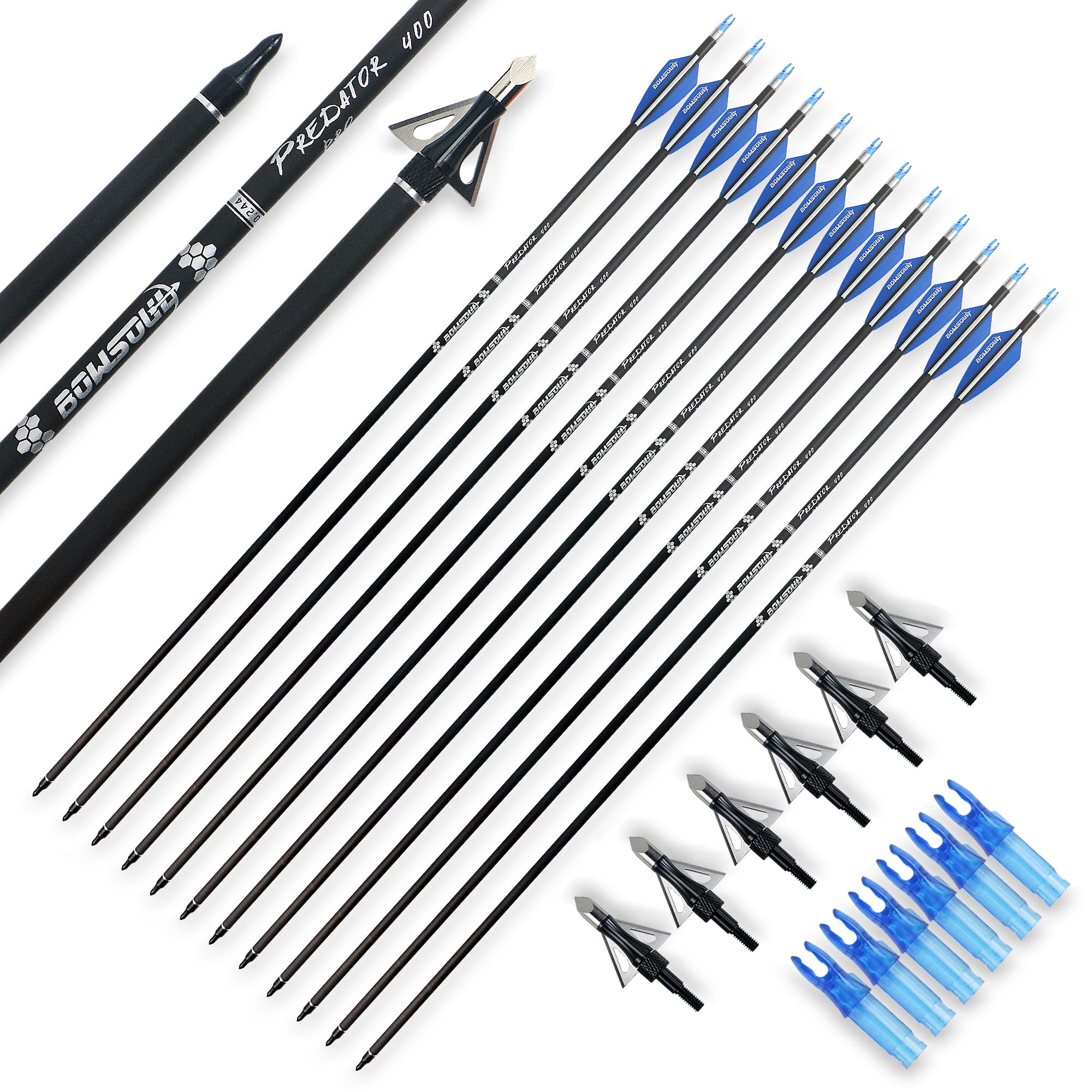 30inch Hunting Carbon Archery Arrows with 2.75” High Hardness Vanes Spine 400 for Compound Bow and Recurve Bow