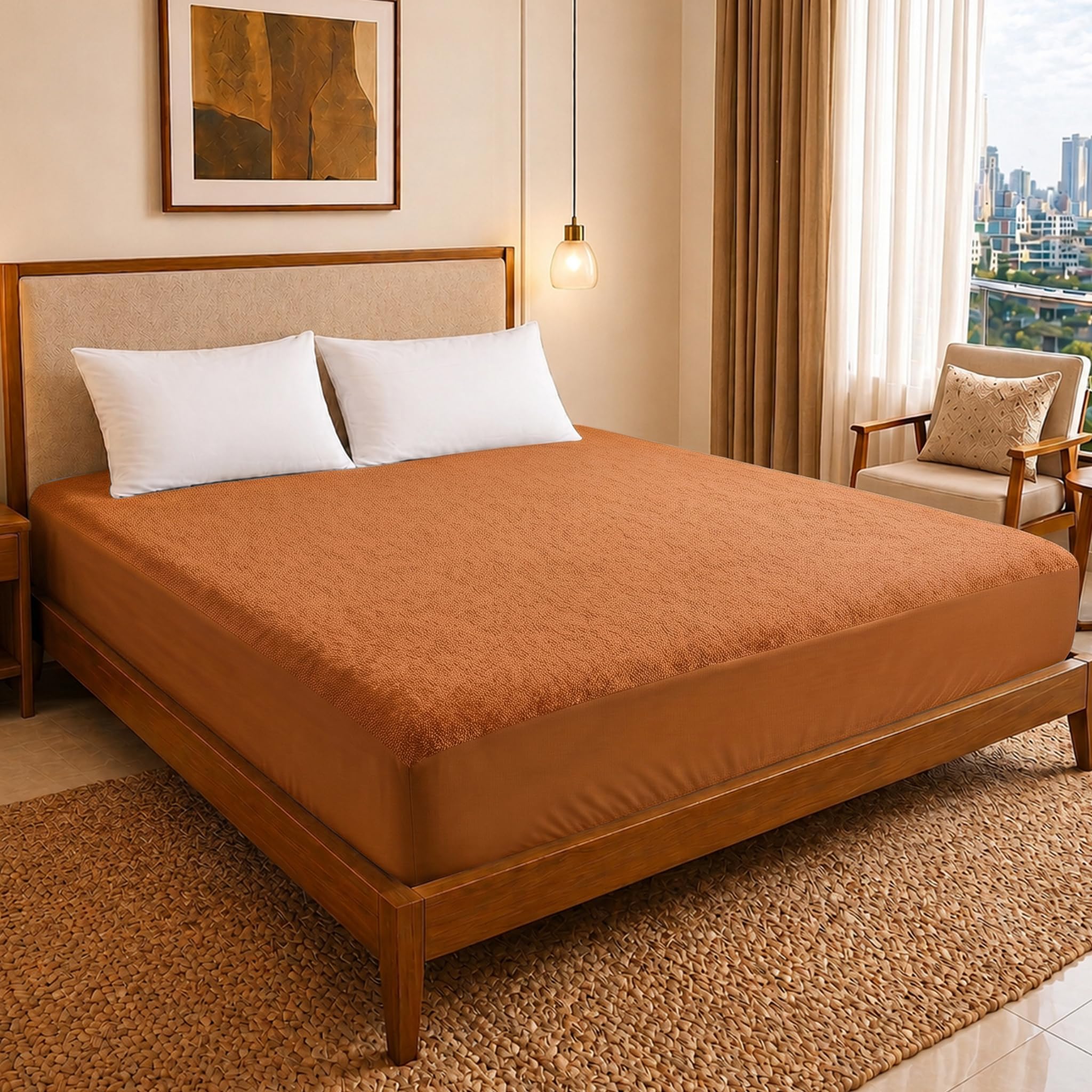 DREAM CARE Waterproof Terry Cloth Fitted Mattress Protector 75x72 Inch for Double Bed King Size with Elastic Strap | Ultra Soft Mattress Cover | Hypoallergenic Bed Cover (Golden)-image-19