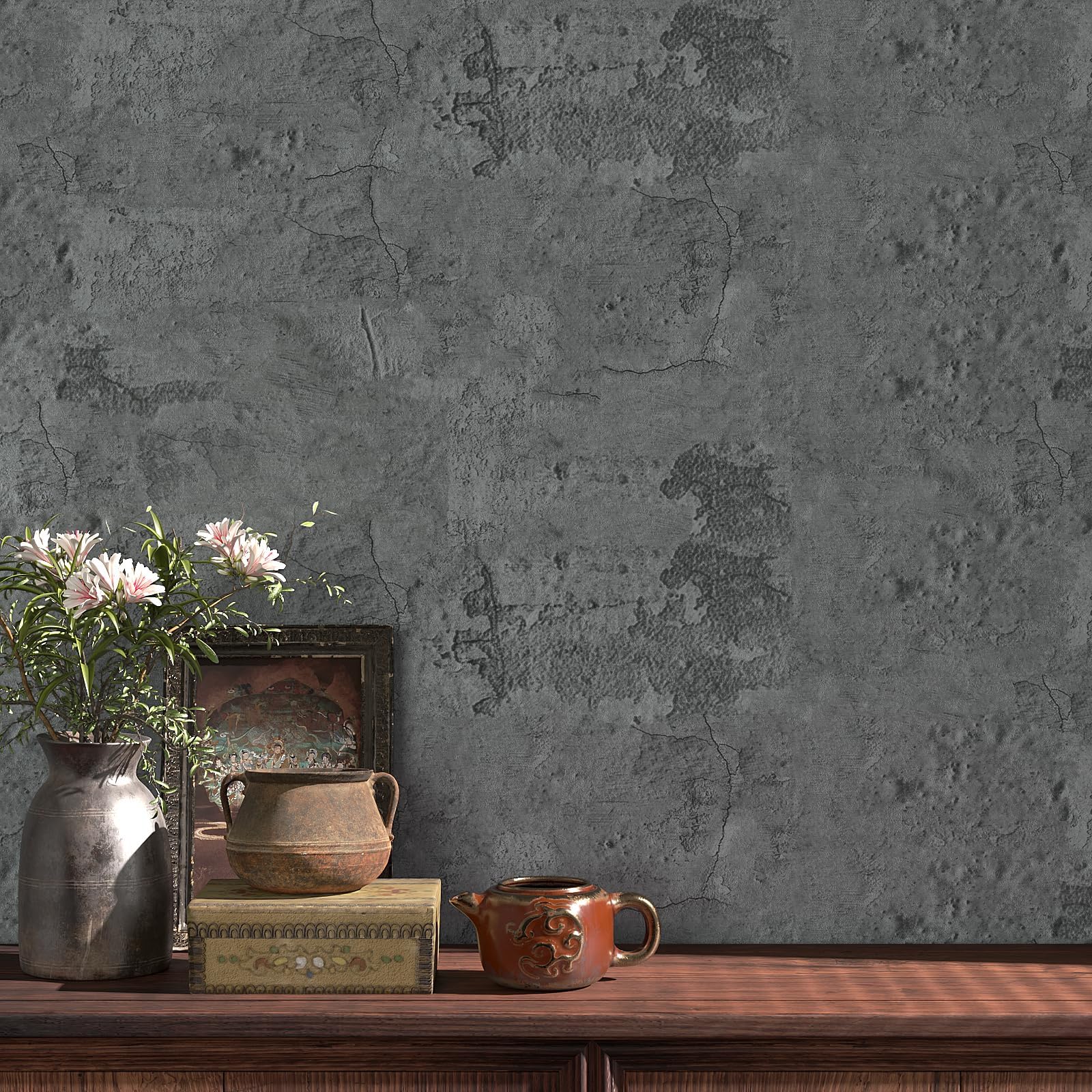 VaryPaper 15.7" x 315" Industrial Dark Grey Concrete Wallpaper Peel and Stick Grunge Cement Wallpaper for Bedroom Living Room Removable Self Adhesive Concrete Contact Paper for Countertops Waterproof