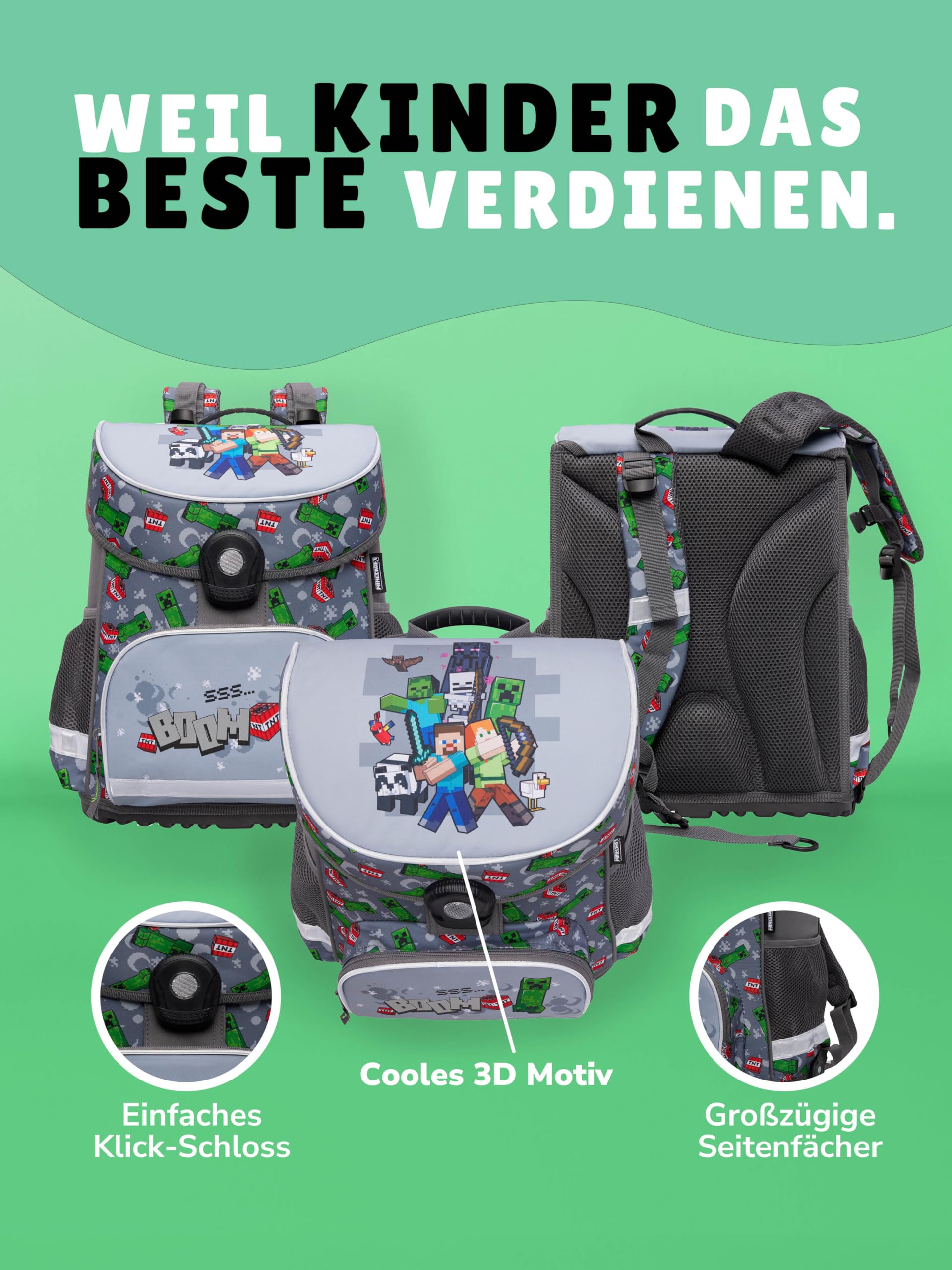 Familando - Schulranzen Set 6-teilig mit Federmappe - Minecraft - Ergonomisch, stabil & mit gepolstertem Rücken - 1250g leicht - 18L Volumen - Mit Reflektoren - Für Grundschule ab 1. Klasse