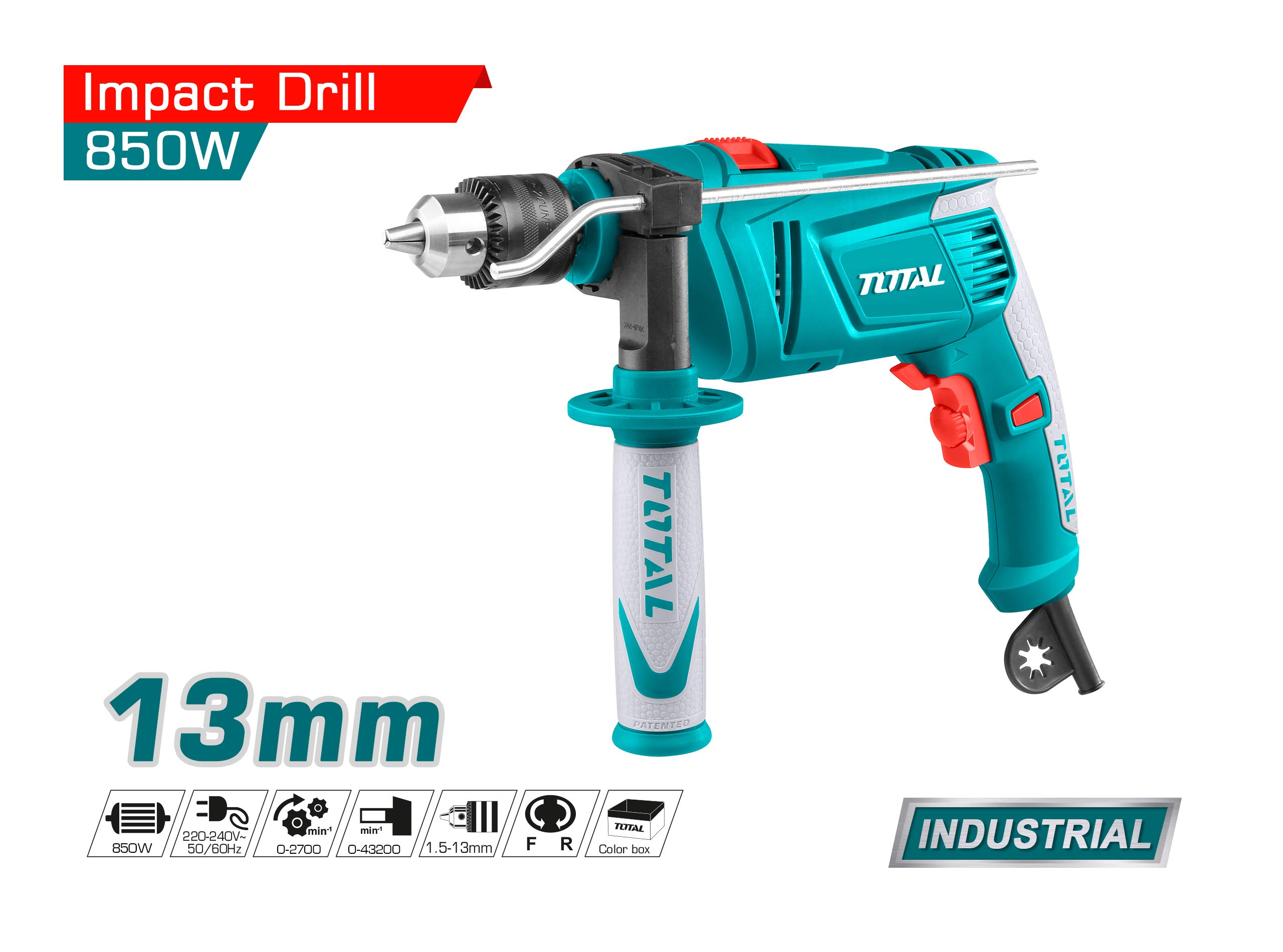 TOTAL 850W Impact Drill, 13mm Chuck, 2700 RPM, Hammer & Drill Modes