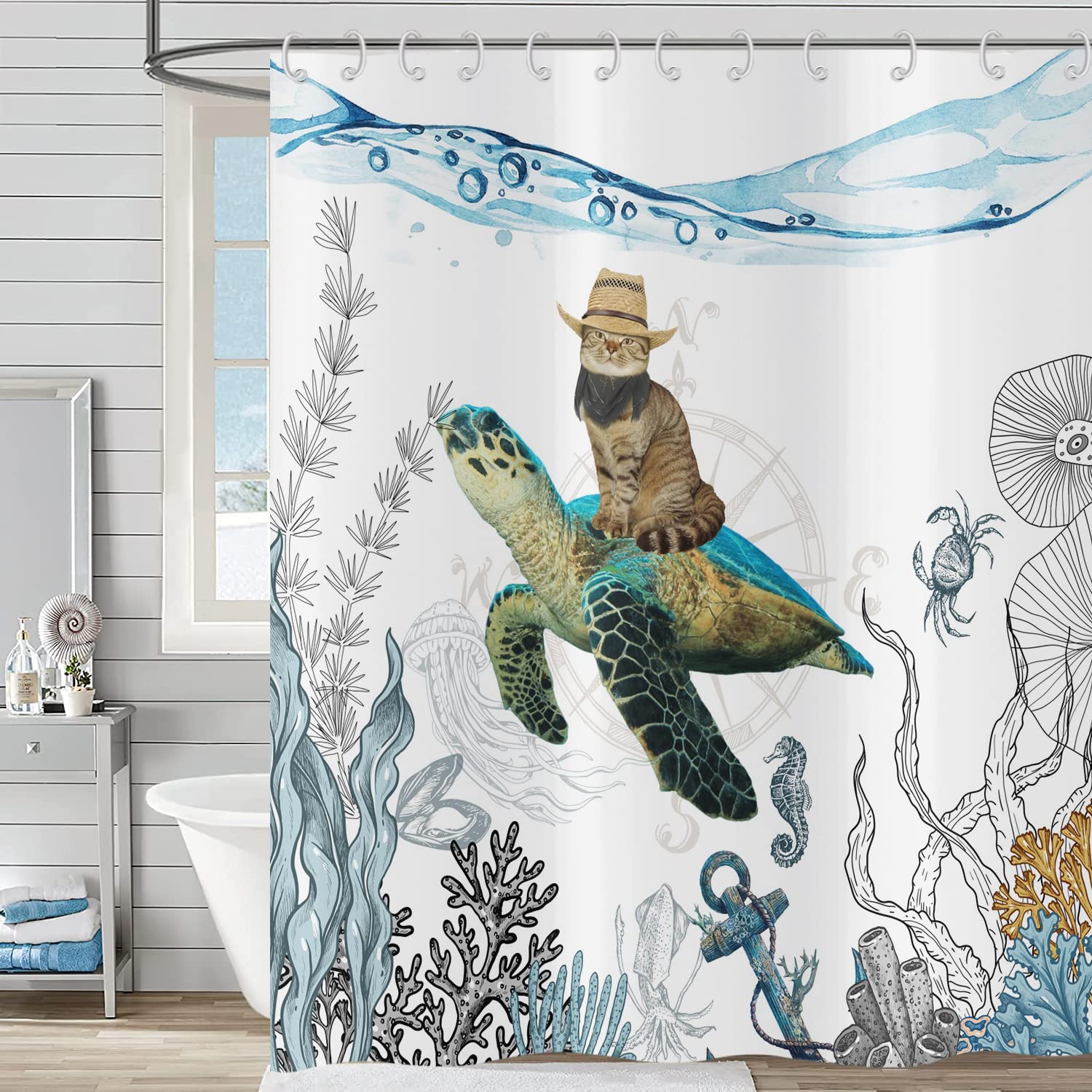 Hnmdmyi Funny Shower Curtain 200x180, Cute Cowboy Cat Riding Sea Turtle Bathroom Curtains Ocean Underwater Landscape Coral Reef Marine Animal Kids Waterproof Polyester Fabric Washable Bath Curtains — image 1
