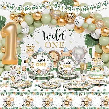 Hombae Wild One Birthday Decorations Boy 241PCs Jungle Safari Animal Themed 1st Party Supplies Tableware Set with Backdrop, Balloon, Banner, Tablecloth, Cutlery for One Year Old Boy