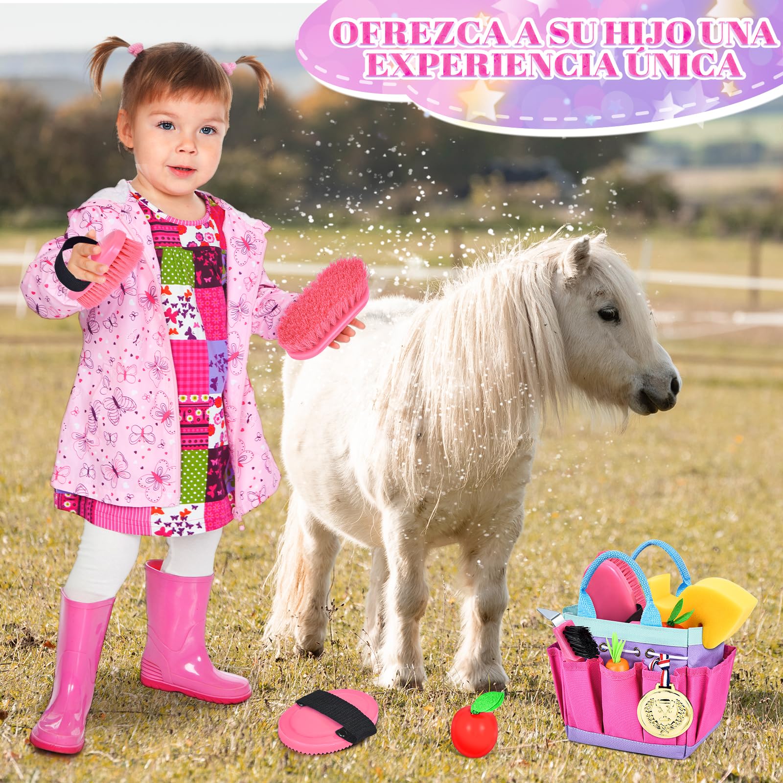 Joellfuner Kit de Cuidado para Caballos con Bolsa, Juguetes de Aseo para Niños, Accesorios para Caballos con Cepillo de Masaje, Raspador de Cascos con Cepillo