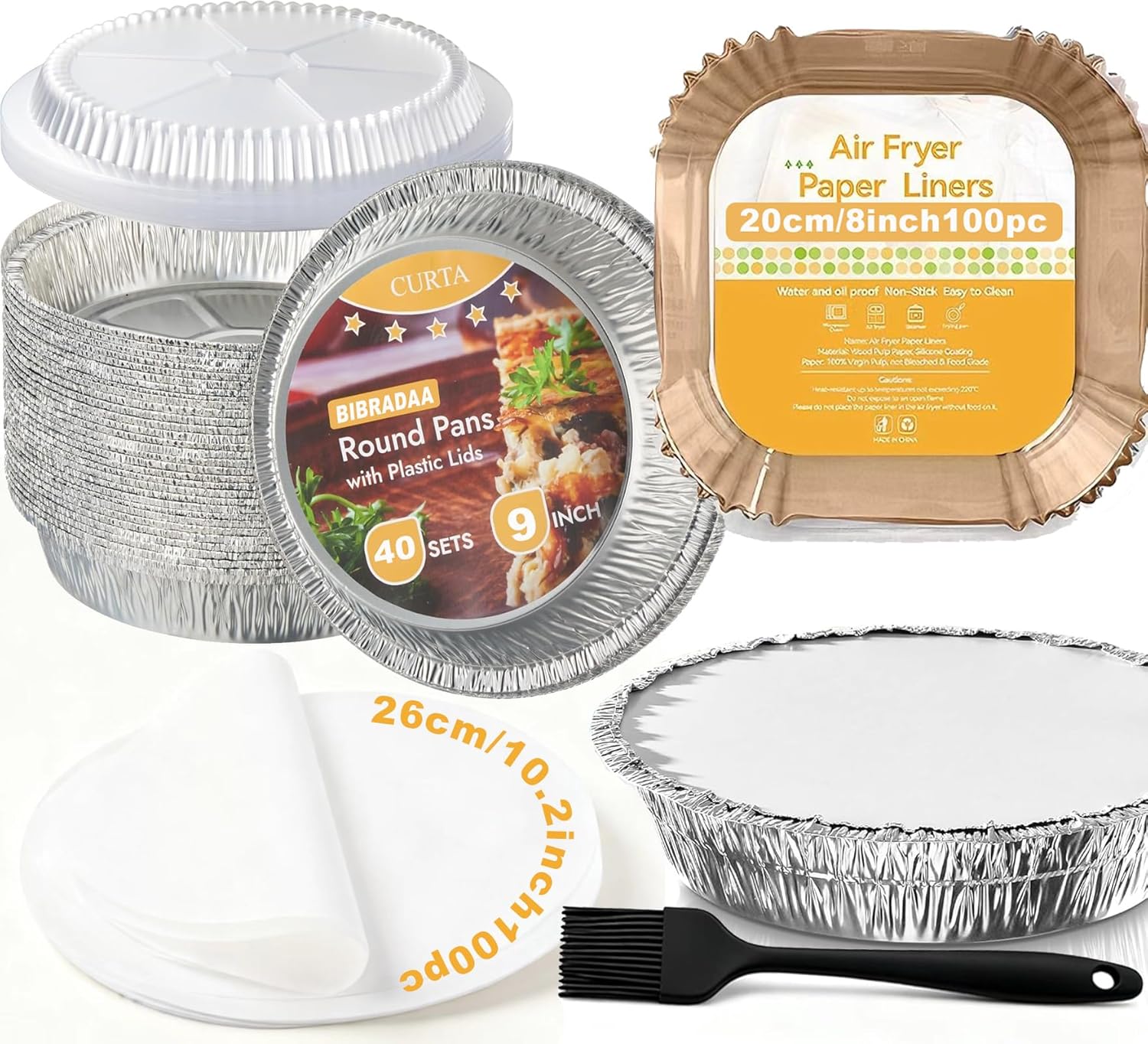 BIBRADAA 40 Pack 9 Round Disposable Aluminum Pans with Lids,Aluminum Foil Pans,Comes with Baking Parchment,Air Fryer Paper Liners,Basting Brushes. (40 Pack rd w/Lids)