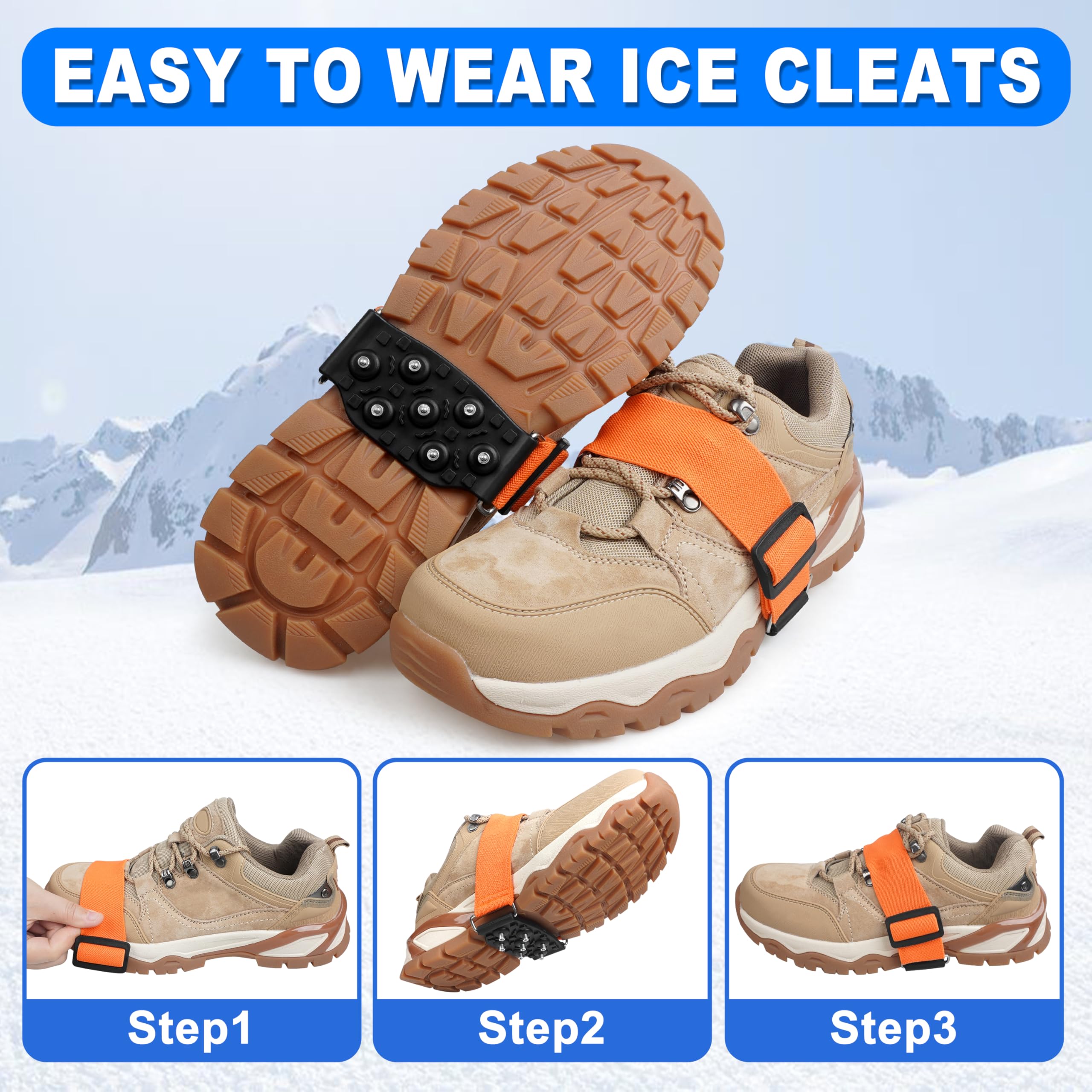 Crampons à glace à semelle intermédiaire pour chaussures et bottes - Crampons antidérapants avec sangles réglables - 7 clous en tungstène pour une prise en main sûre pour la marche, le jogging, la