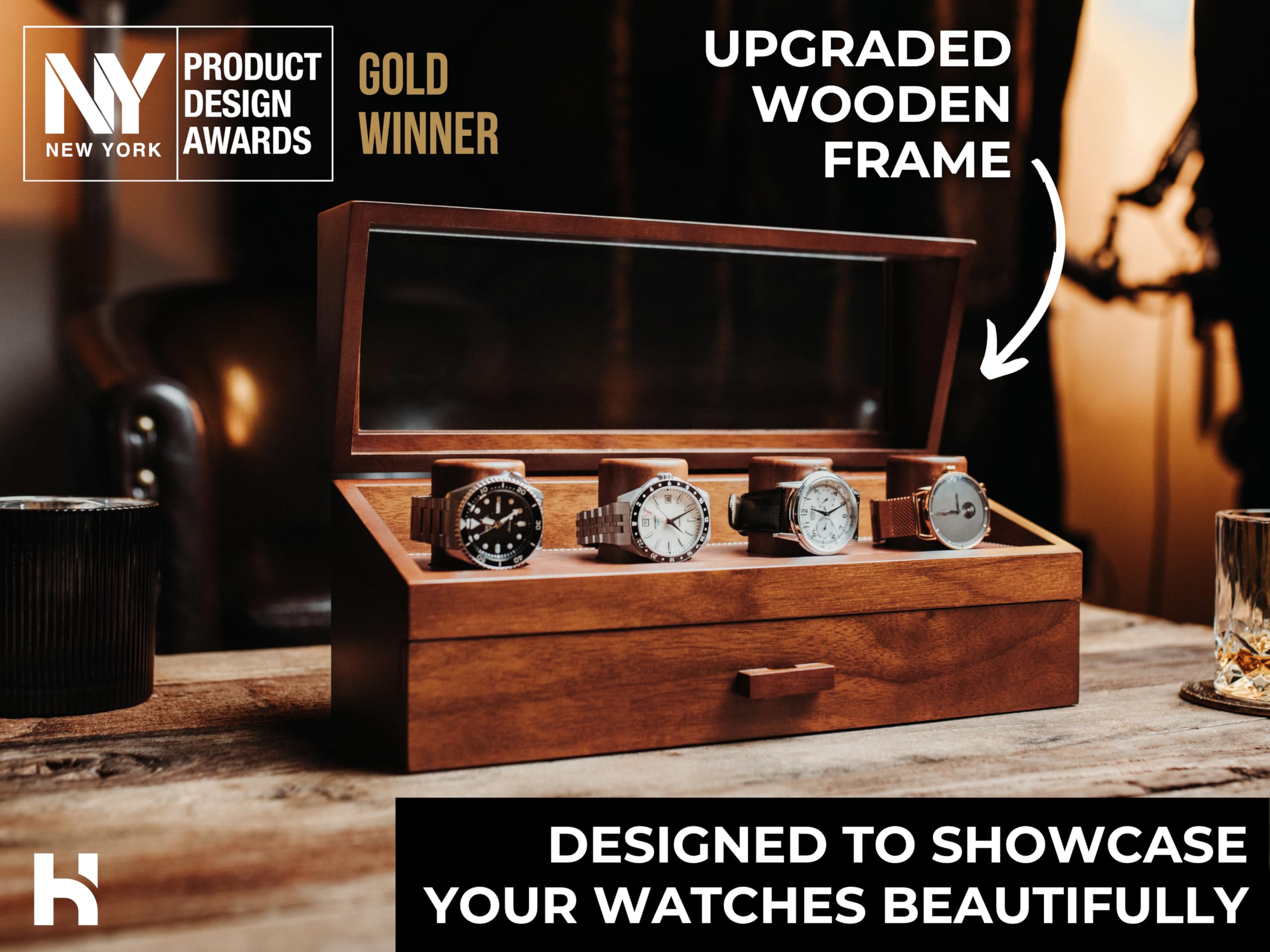 Holme & Hadfield 4 Slot Luxury Watch Display Case with Hinged Cover Drawer product thumbnail 3