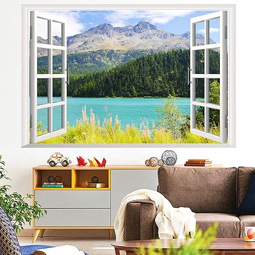 Miniatura 6 de Calcomanías de pared de bosque de montaña natural lago y lago 3D con vista al lago decoración de póster mural calcomanías de pared para sala de