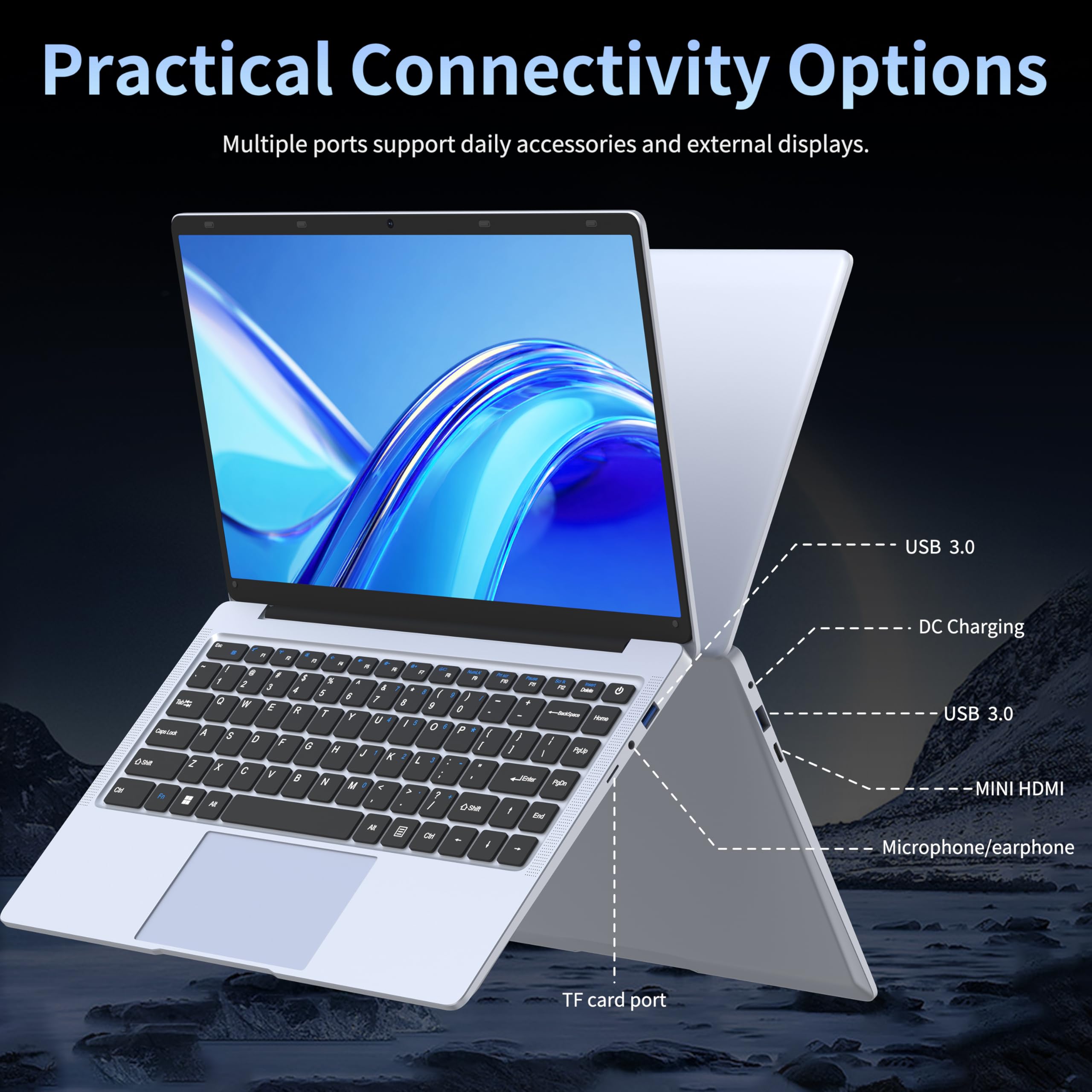 14" Silver Laptop Perfect for Study, Work, FHD IPS Display Celeron J4125 8GB DDR4, 256GB SSD Laptop Notebook, Ultra-Thin|180° Opening|USB3.0 (GB, 256) — view 6
