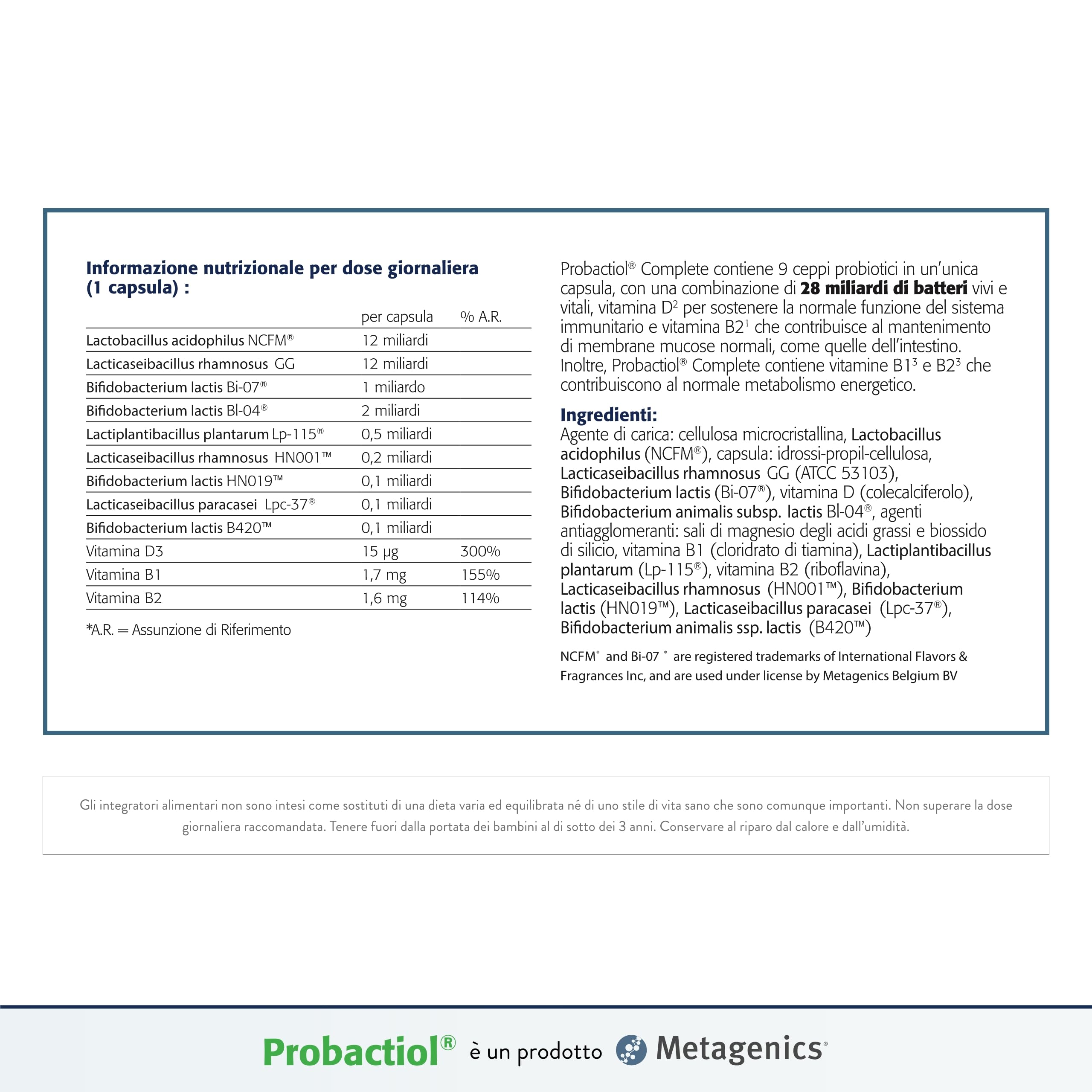 Metagenics Probactiol Complete - Combinazione di 9 Ceppi Probiotici per Migliorare l'Equilibrio della Flora Intestinale - 30 Capsule