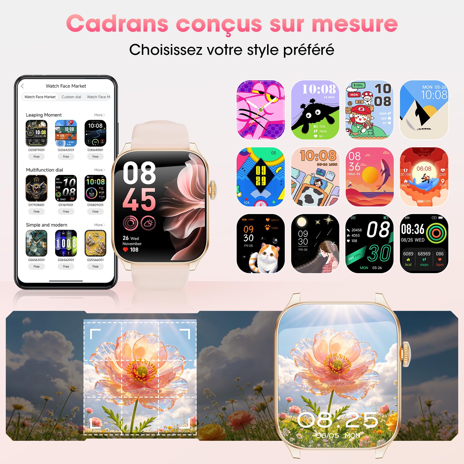 Montre Connectée Femme, 7 Bracelets Cadeau, 1,91" Écran incurvé Smartwatch | Appels Bluetooth, Assistant vocal, 100＋Modes Sportifs, Suivi Fréquence Cardiaque/Sommeil/SpO2, Etanche IP67 pour Android iOS