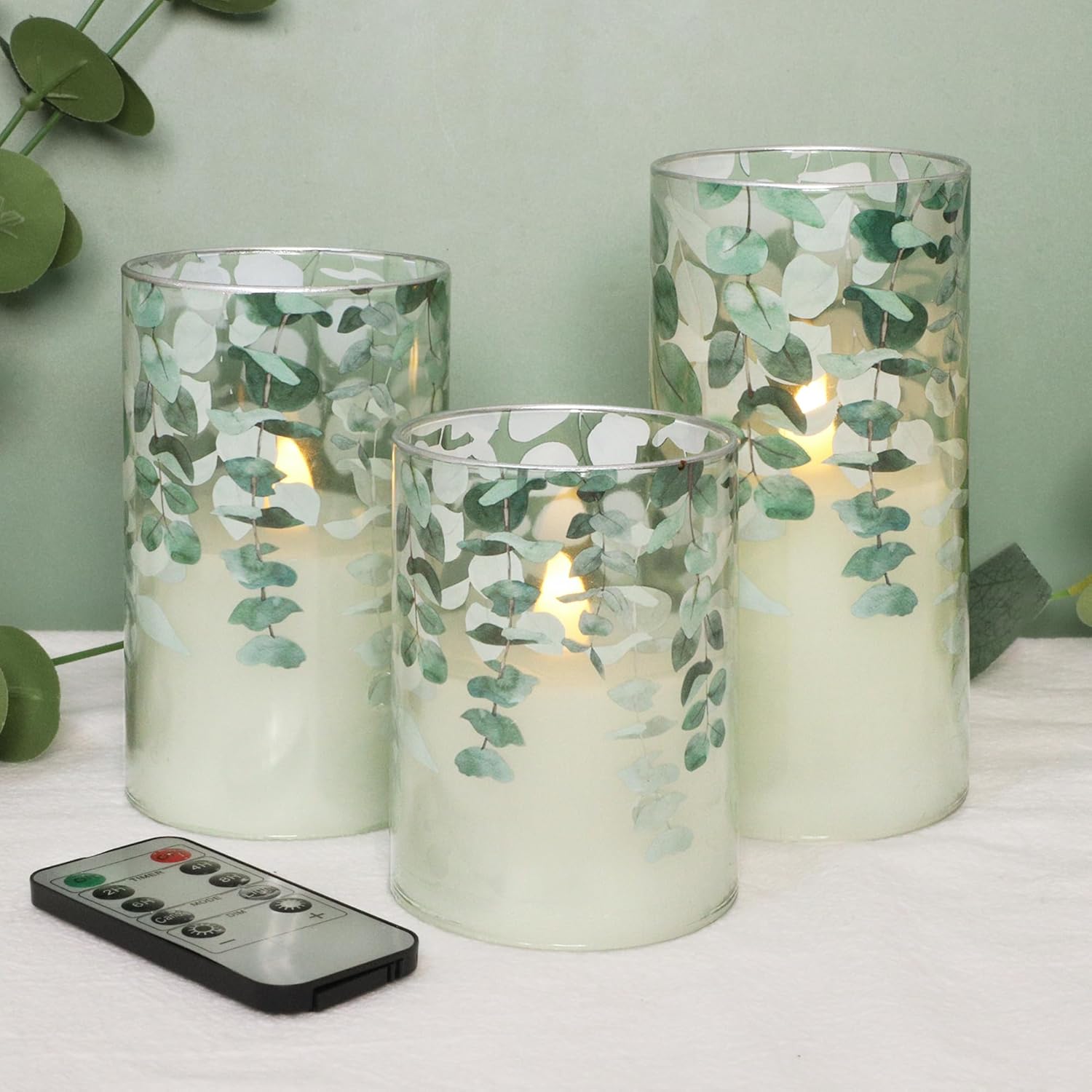 Green Glass Flameless Candles Remote Timer Eucalyptus Leaves Greenery Design Battery Operated Flicker Pillar Candle for Wedding Centerpiece Spring Easter Farmhouse Home Decoration, Set of 3