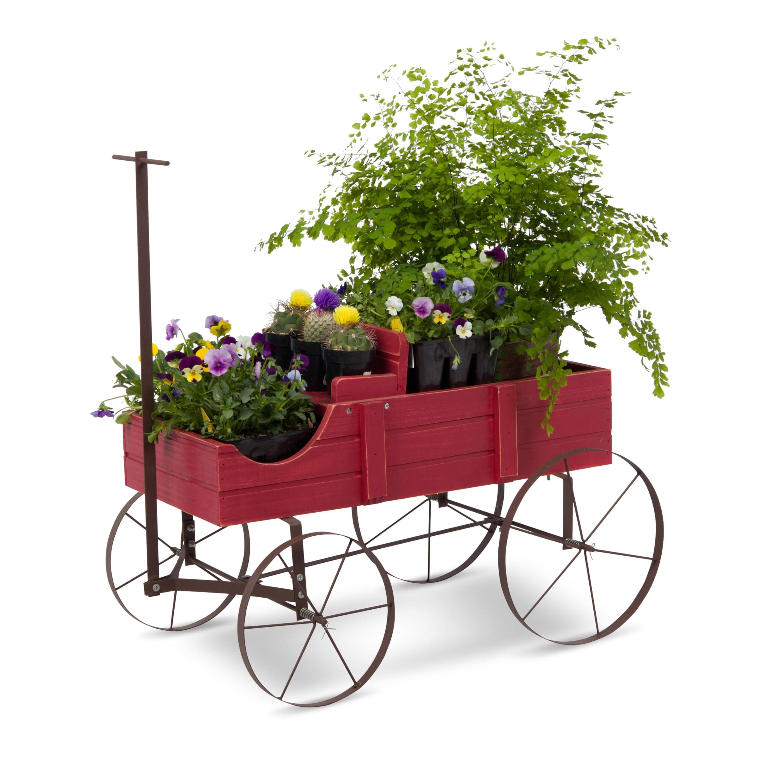 Shine Company Decorative Wagon Garden Planter, Wooden Wagon Yard Décor for Outdoor Plants, Small, Red