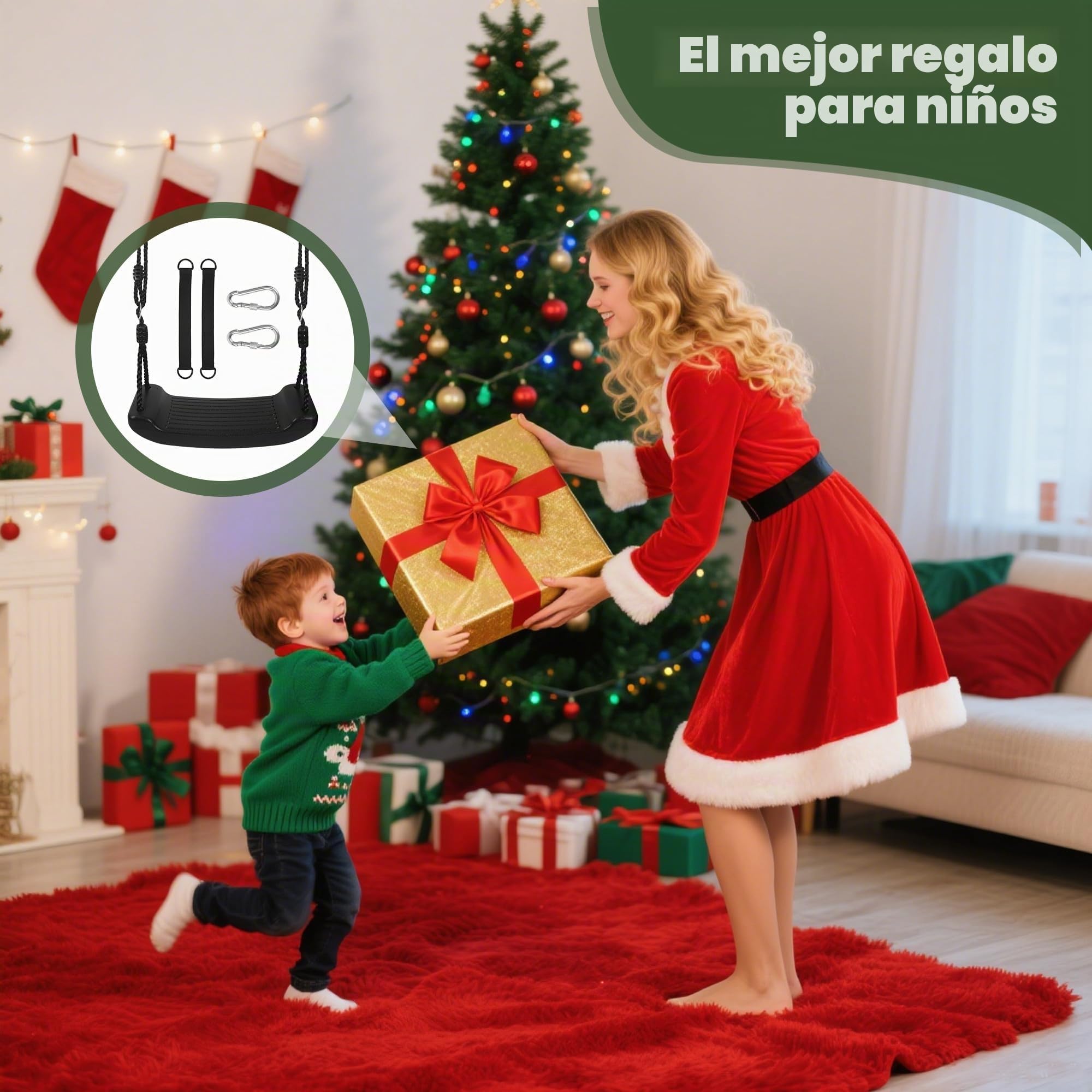 Columpio infantil, Asiento columpio para exterior e interior, con 2 cuerdas para colgar y 2 mosquetones, altura regulable, tablero de plástico antideslizante, apto para niños mayores de 3 años (Negro)