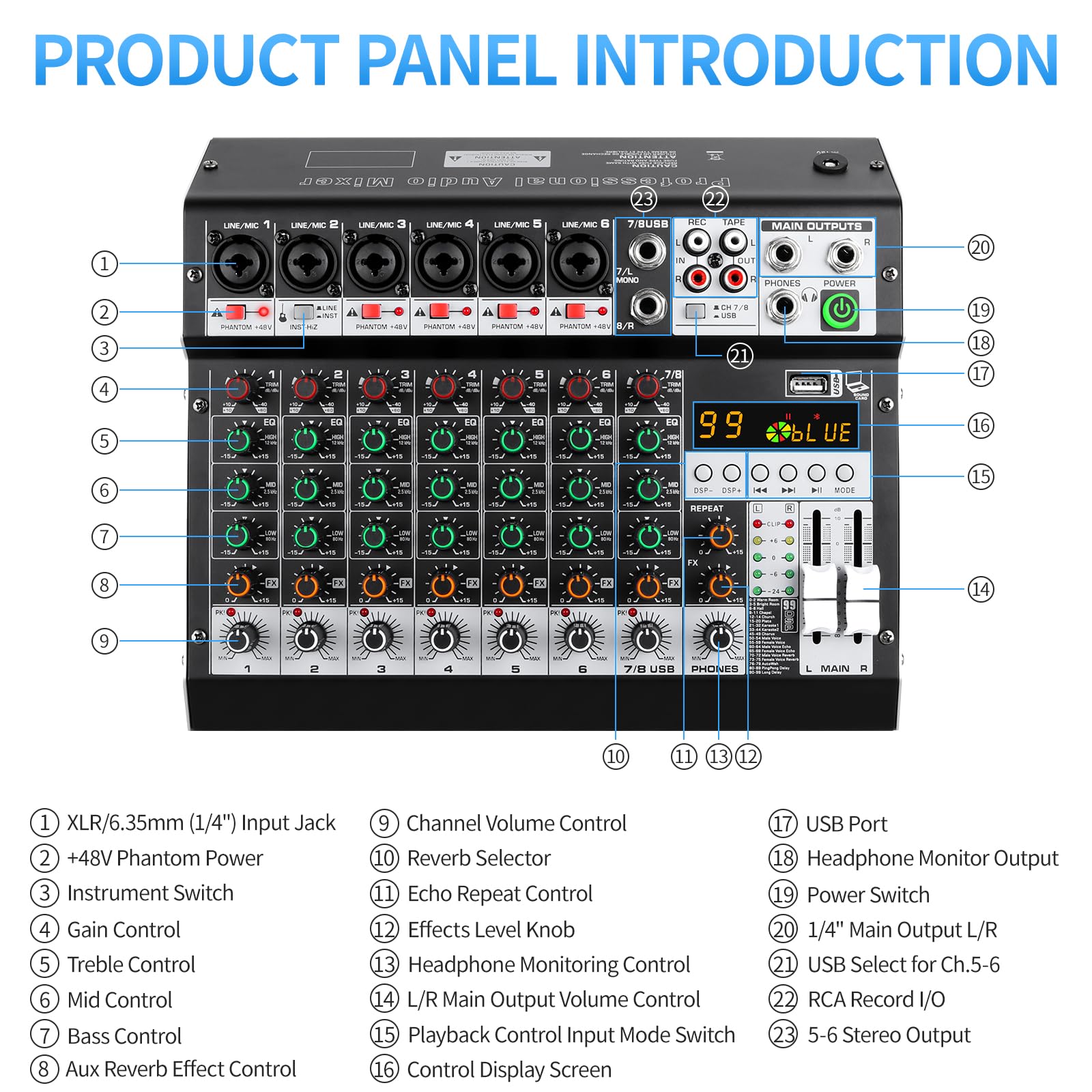 XTUGA Mezclador de audio de 8 canales de 8 m para podcasting, grabación, actuaciones, consola de mezcla de tablero de sonido DJ con 99 efectos DSP, alimentación fantasma de 48 V, Bluetooth