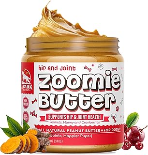 Hip & Joint Dog Peanut Butter Spread Supplement, All Natural Dog Treat. Human Grade & Safe Anti Inflammatory Puppy Food, Peanuts & Turmeric for Pain, Stiffness, Grown & Made in USA