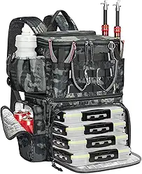 MATEIN Mochila de pesca com 4 caixas de equipamentos e suporte de vara, mochila de equipamento com bússola de segurança e compartimento isolado, bandeja de pesca resistente à água, equipamentos e