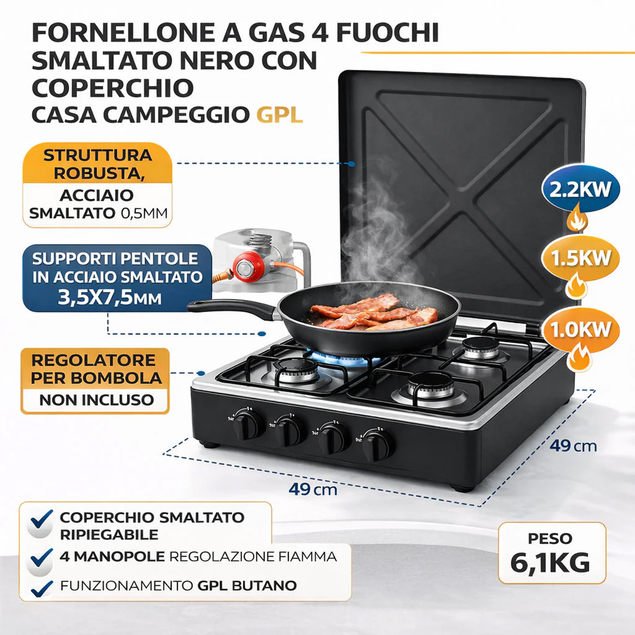 BAKAJI Piano Cottura da Campeggio a Gas con Coperchio e Quattro Fuochi, Fornellone da Cucina a 4 Bruciatori, Griglia in Acciaio Rinforzato, Regolazione della Fiamma, Ideale per Balcone, Campeggio