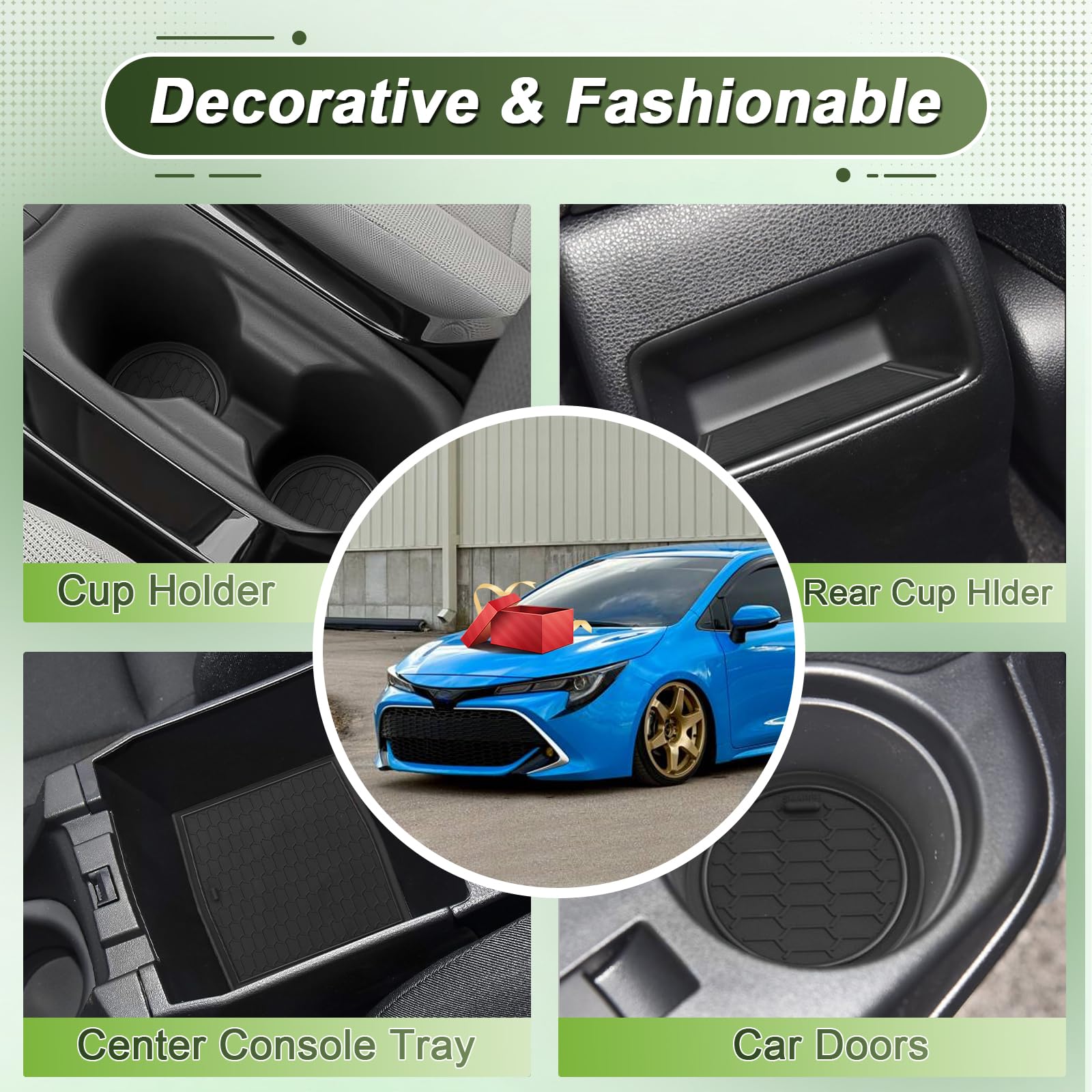 Auto Antirutschmatten für Toyota Corolla E210 (2018-2025) | Originalgetreue Gummi Matte für Mittelkonsole, Getränkehalter, Türmulden | Passend für Corolla Hatchback Sedan Touring Sports (Schwarz)