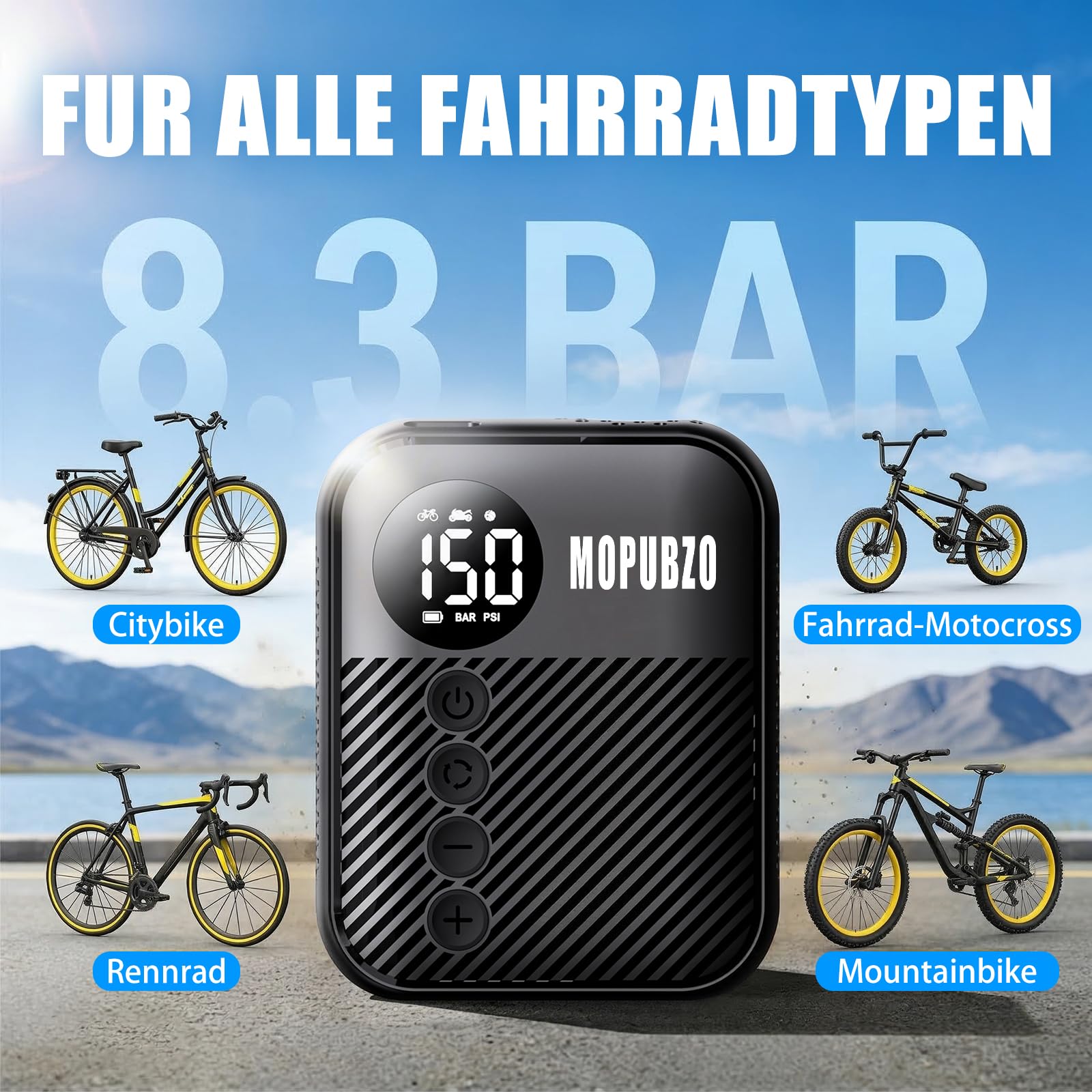 Tiny Fahrradpumpe Mit Manometer, 150 PSI Elektrische Luftpumpe, Automatische Abschaltung Elektro Minipumpe, Kompatibel Mit Den Meisten Luftventilen, Schnelles Aufpumpen Für E-Bike, MTB Und Rennrad